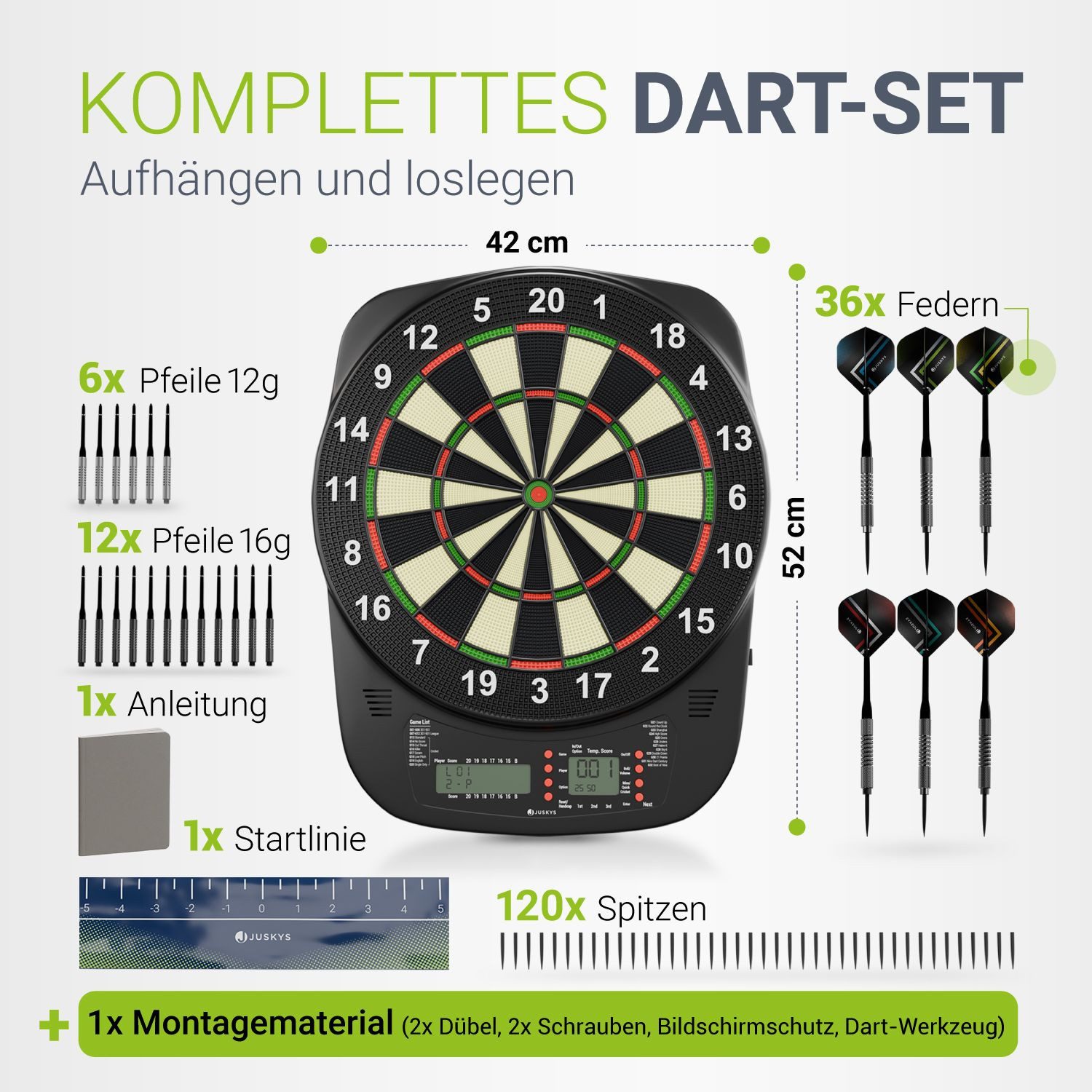 Juskys Dartscheibe, 32 Spiele, 18 Pfeile, bis 8 Spieler, mit Zubehör, viele Spielmodi