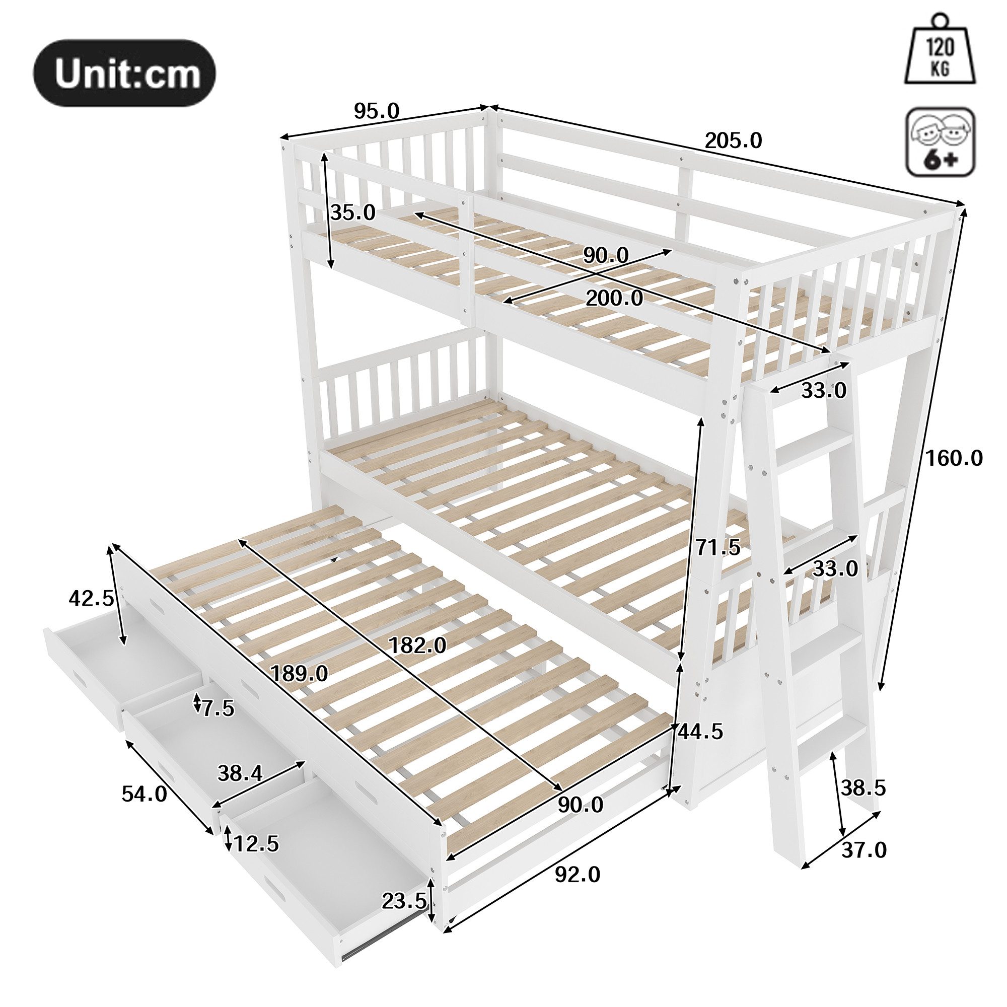 Flieks Etagenbett, Kinderbett 3 Liegefläche und 3 Schubladen 90x200cm Kiefe günstig online kaufen