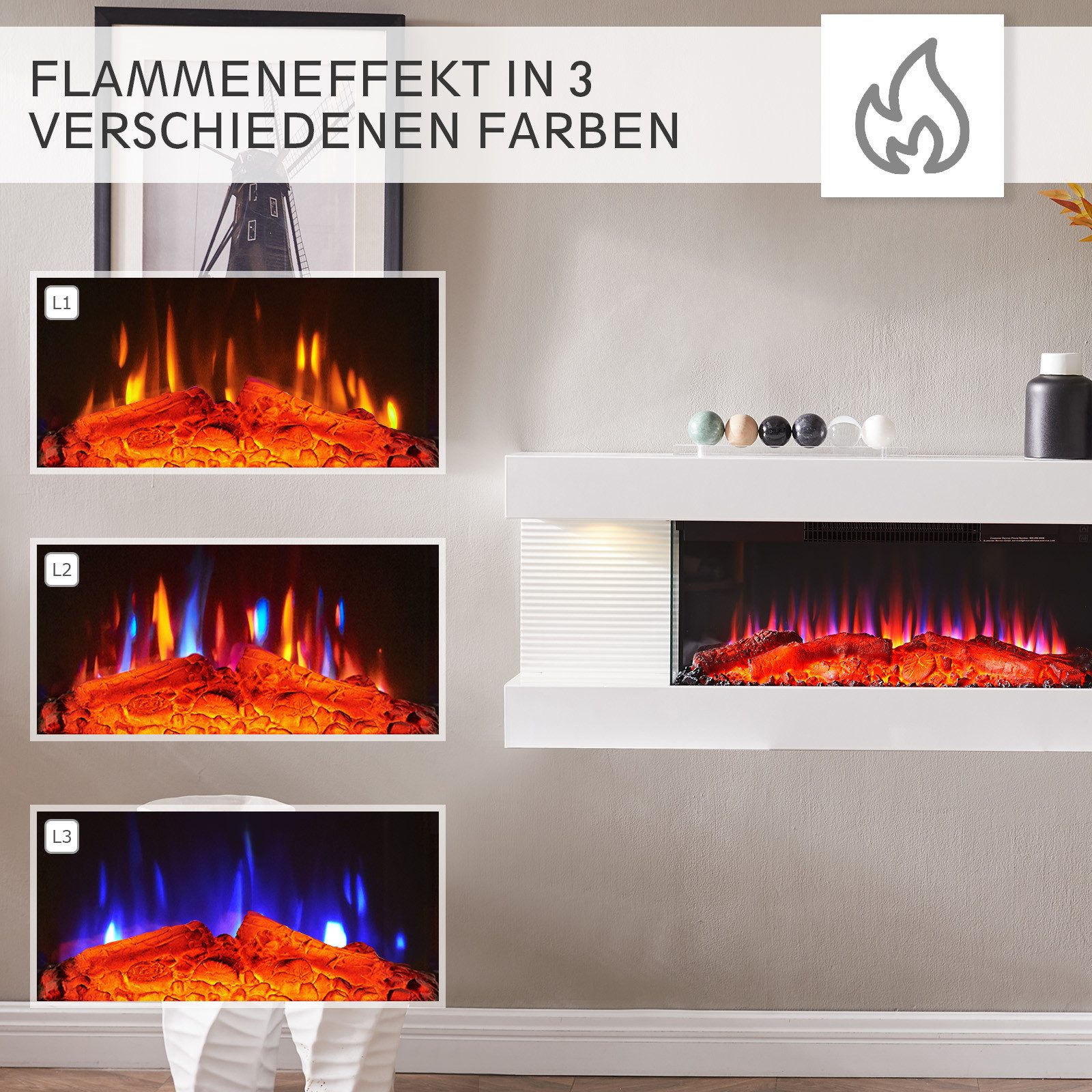 Balderia Elektrokamin Lumina, Wandkamin, 3D-Flammeneffekt, LED-Beleuchtung, Thermostat, Timer