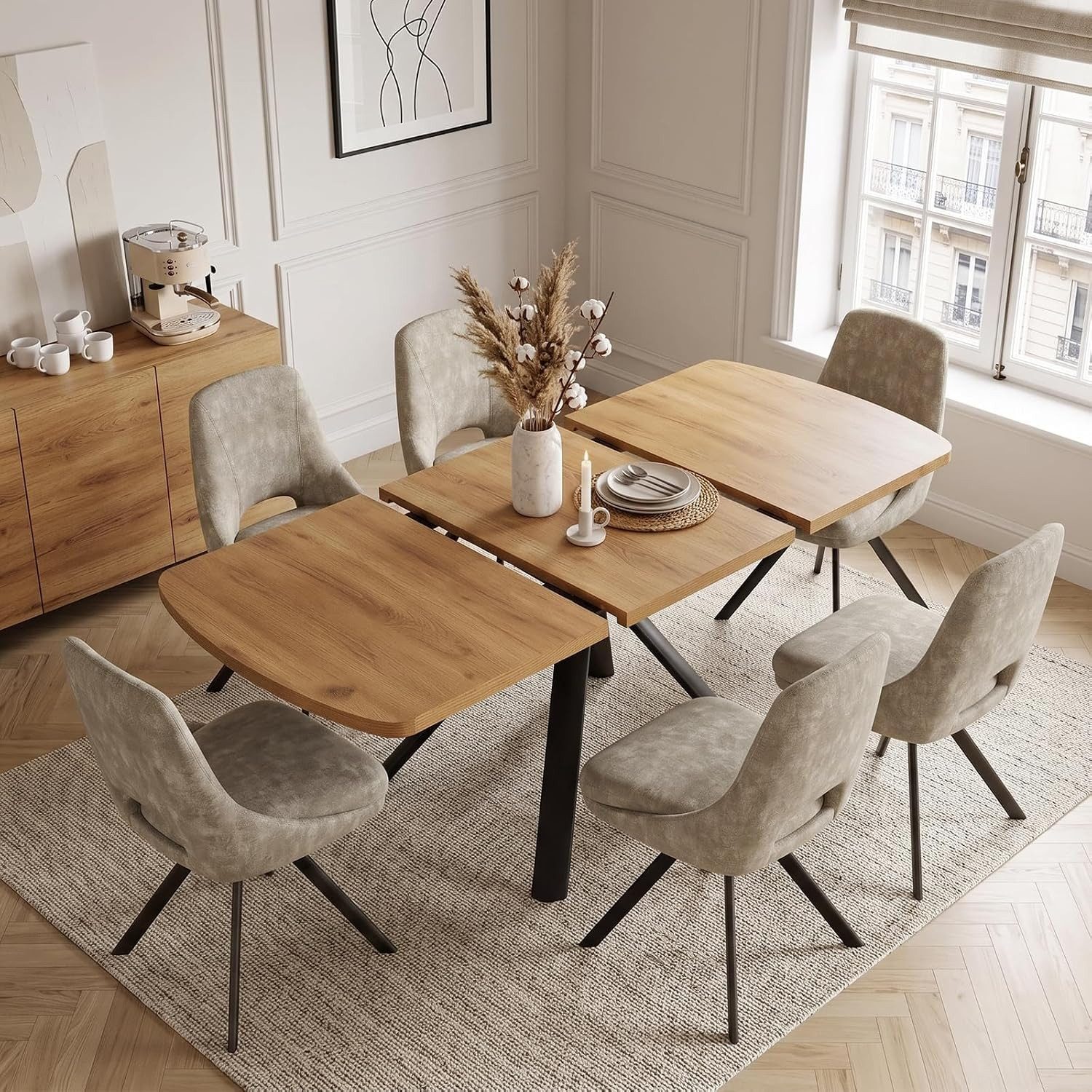 Jiexi Essgruppe Ausziehbare Essgruppe, Holzoptik mit [Esstisch + 6 Lightcoffee Stühle] – Bild 5 von 5