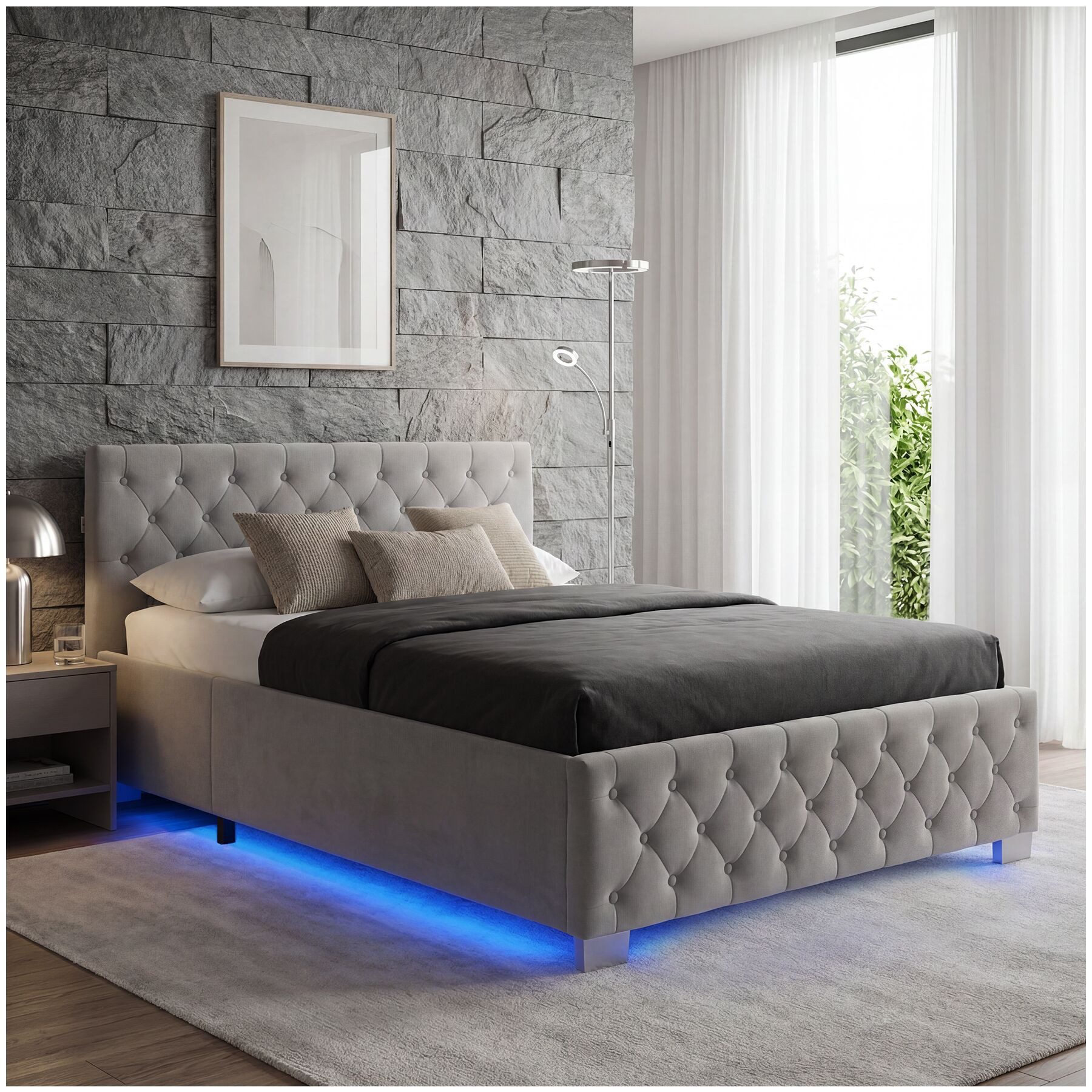 tectake Polsterbett Komfortbett mit LED-Leisten & Stauraum - Samtoptik mit Steppmuster (Bettset, in Dunkelgrau), stabiler Stahlrahmen, Belastbarkeit 200 kg