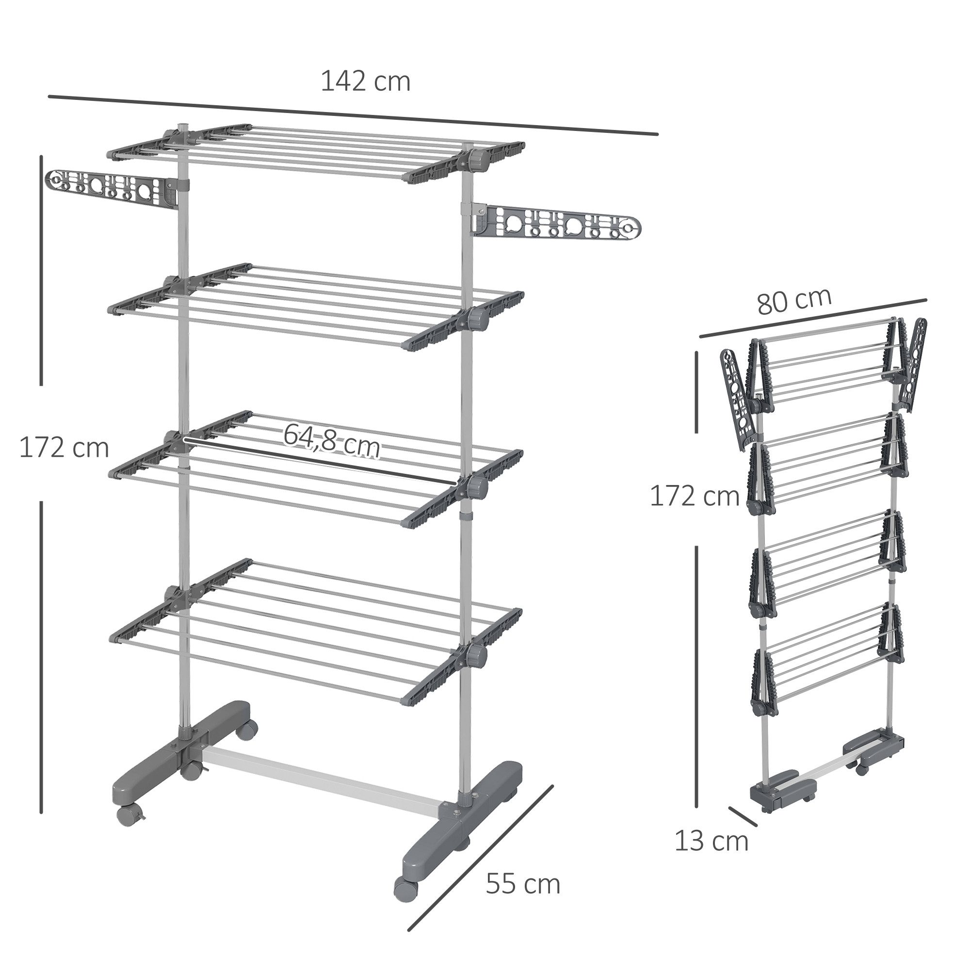 HOMCOM Wäscheständer Wäschetrockner Turm, Standtrockner mit Klappbarem Flügel, für Indoor, Outdoor, Stahl Grau 80,142 x 55 x 172 cm