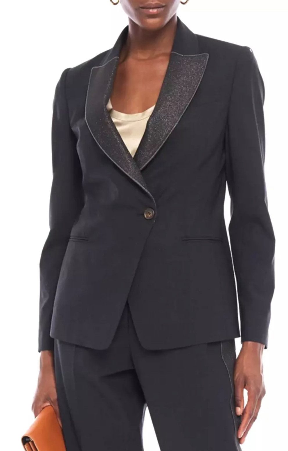 BRUNELLO CUCINELLI Jackenblazer Einreihiger Jacke mit Metallic-Crêpe-Besatz und Perlenverzierung Spitzrevers mit funkelnden Stoffakzenten