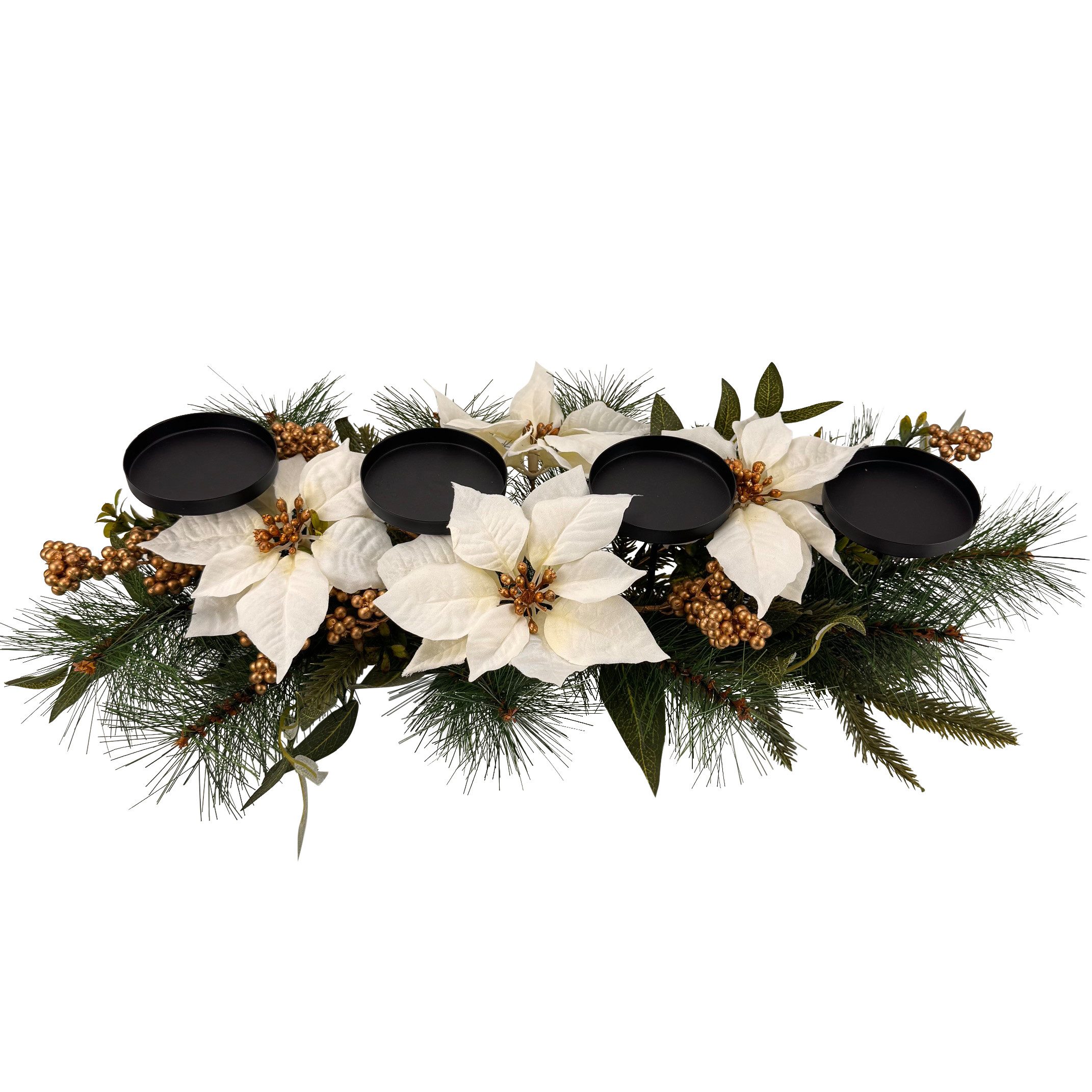 Online-Fuchs Adventskranz länglich mit künstlichen Weihnachtssternen und Metall Kerzenhaltern, 3in1 Halter für Stumpenkerzen, Stabkerzen und Teelichter/Votivkerzen