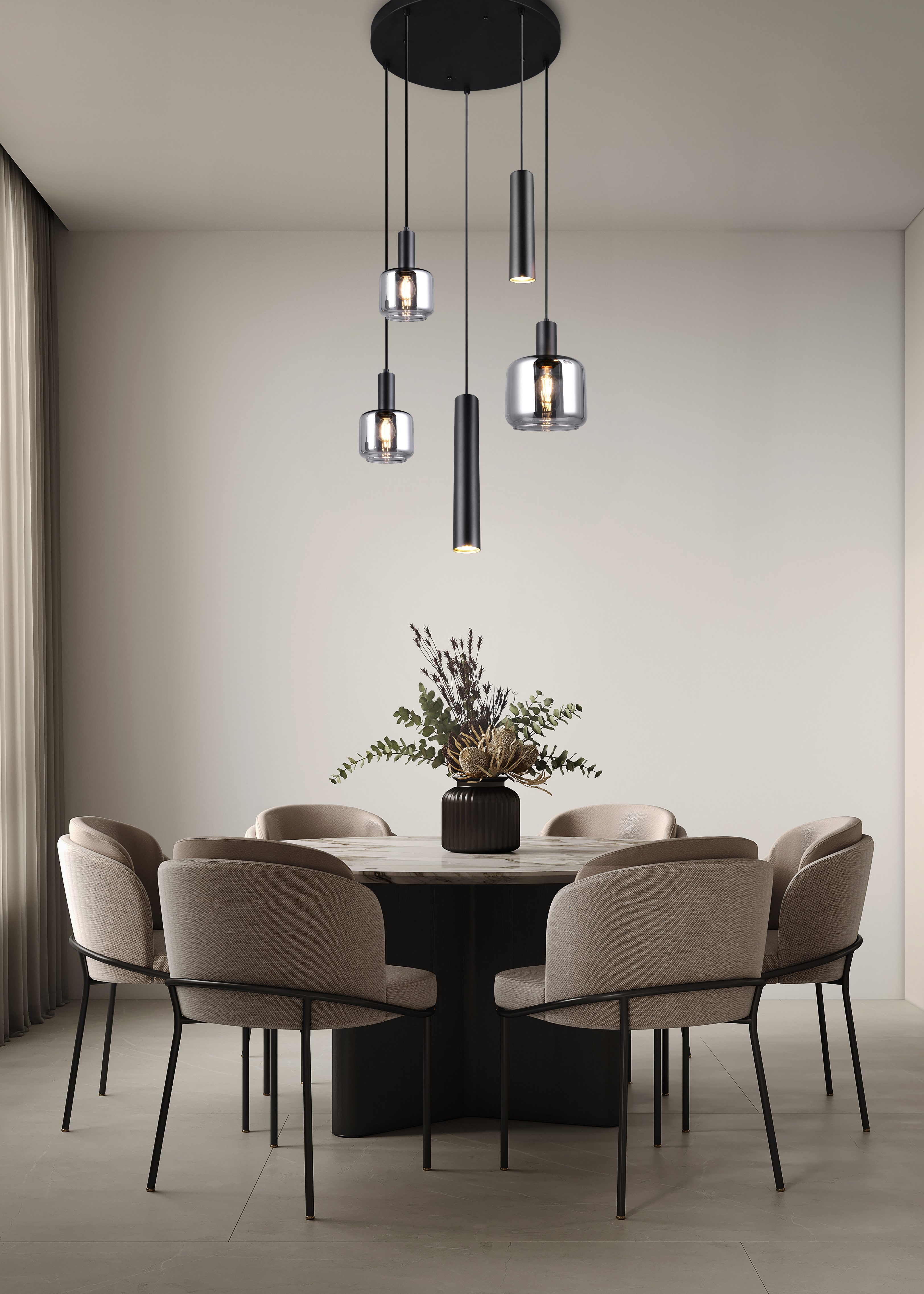 TRIO Leuchten Pendelleuchte MATARO, Hängelampe schwarz, Leuchtmittel wechselbar, Leuchtmittel wechselbar, warmweiß - kaltweiß, mit chrombedampften Glas Lampenschirmen smokefarbig