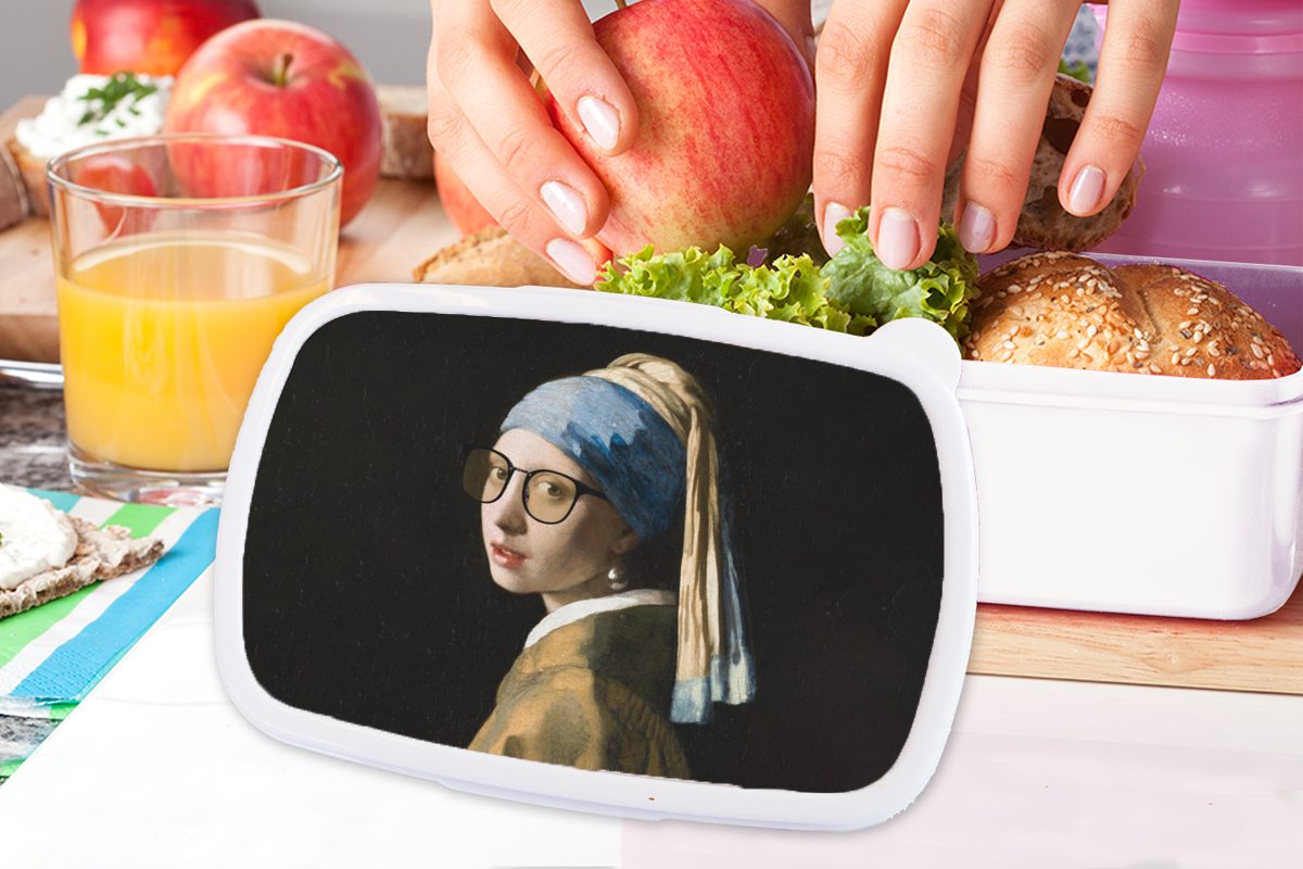 Perlenohrring und Kinder Mädchen Vermeer und Lunchbox für MuchoWow Jungs Kunststoff, mit dem Brotbox weiß Brillen, Erwachsene, Brotdose, Das (2-tlg), für - - Mädchen