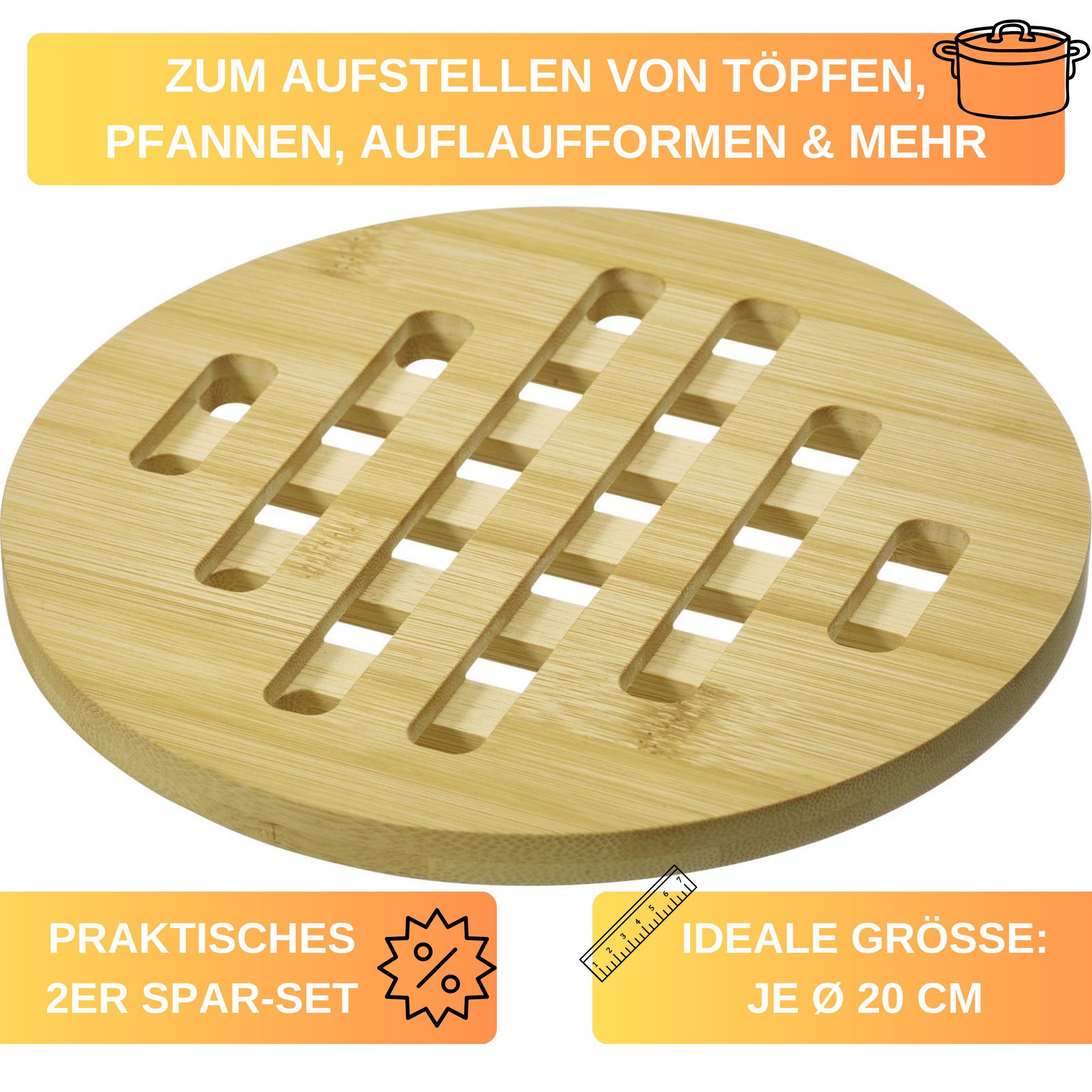 Thiru Topfuntersetzer praktisches 2er Set aus nachhaltigem Bambus, 2-tlg., praktisches 2er Set, aus nachhaltigem und nachwachsendem Bambus