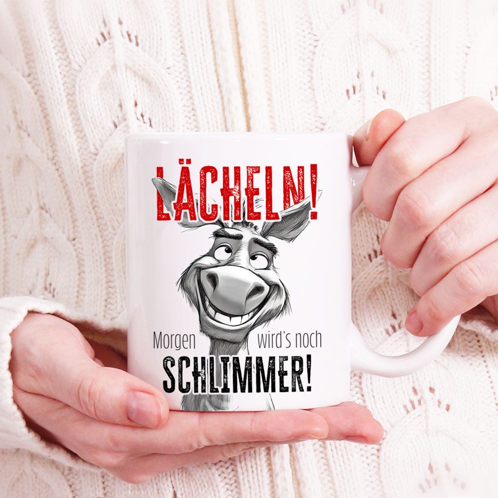 Cadouri Tasse mit Spruch 'Lächeln!' Kaffeetasse Büro Arbeit, Geschenk, Keramik, Kaffeebecher, Geschenkidee Arbeitskollege, lustig, Humor, 330 ml