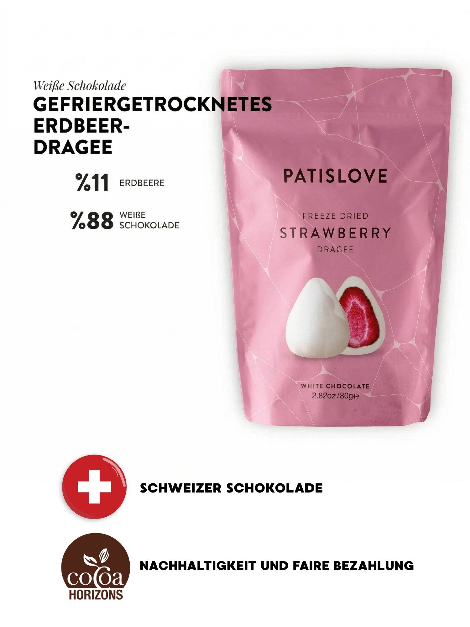 PATISLOVE Schokolade Patislove Gefriergetrocknete Erdbeeren in Weißer Schokolade, 80g, 88% Weiße Schokolade, Ganze gefriergetrocknete Erdbeeren