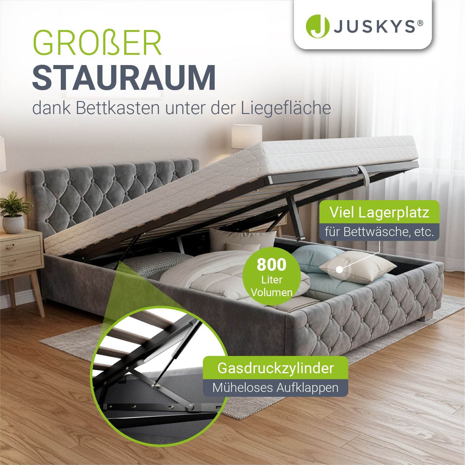 Juskys Polsterbett Nizza, Stauraum, LED Licht, Chesterfield Steppung, Samtbezug