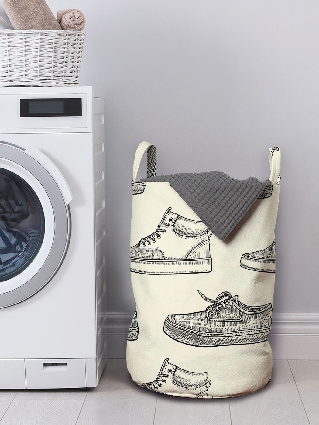 für Abakuhaus Wäschekorb mit Waschsalons, Griffen Wäschesäckchen Retro-Turnschuh-Muster Skizzieren Kordelzugverschluss