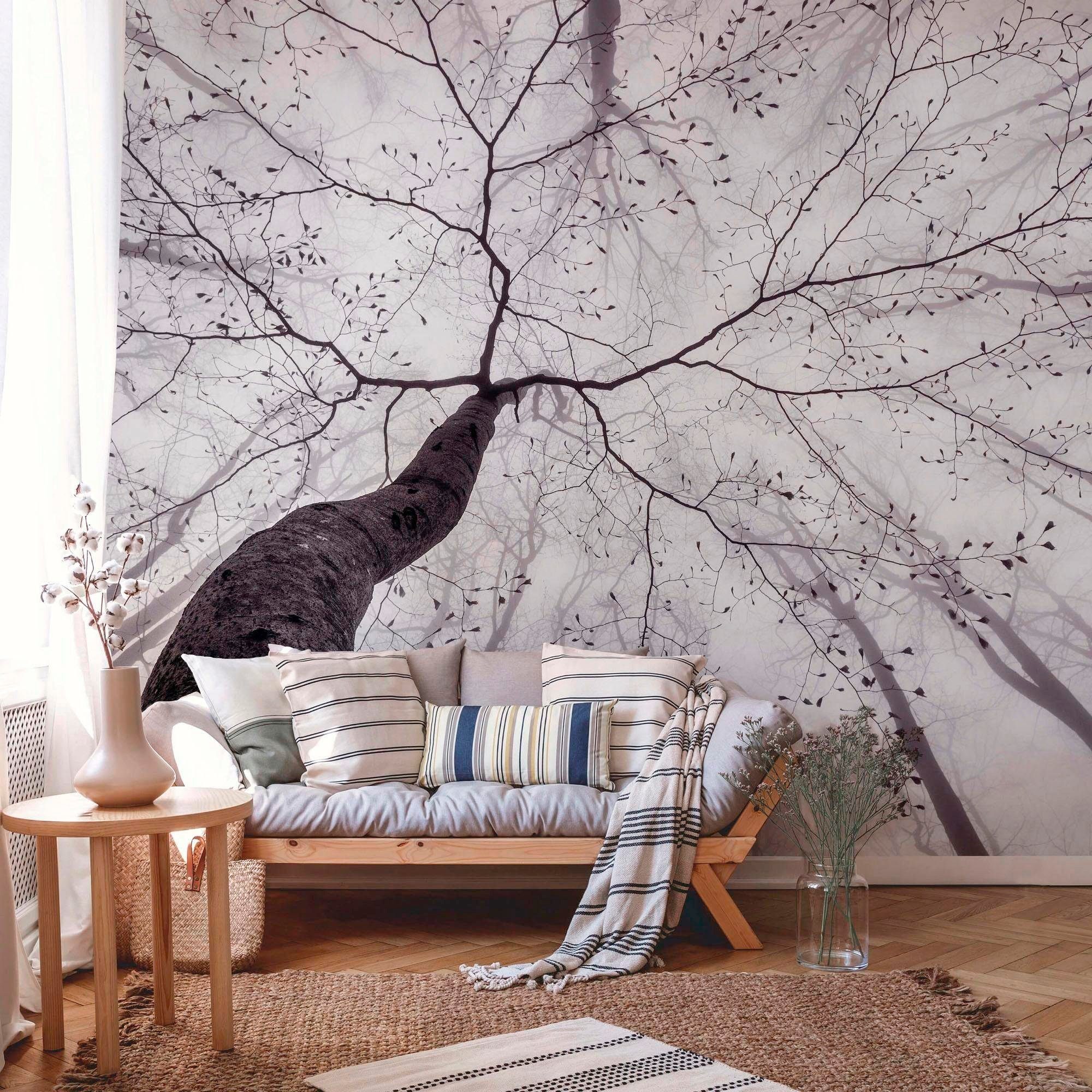living walls Fototapete Tree Top, glatt, abstrakt, naturalistisch, Motiv, Nebel Wald Tapete Natur Fototapete Wohnzimmer Tapeten Design Optik