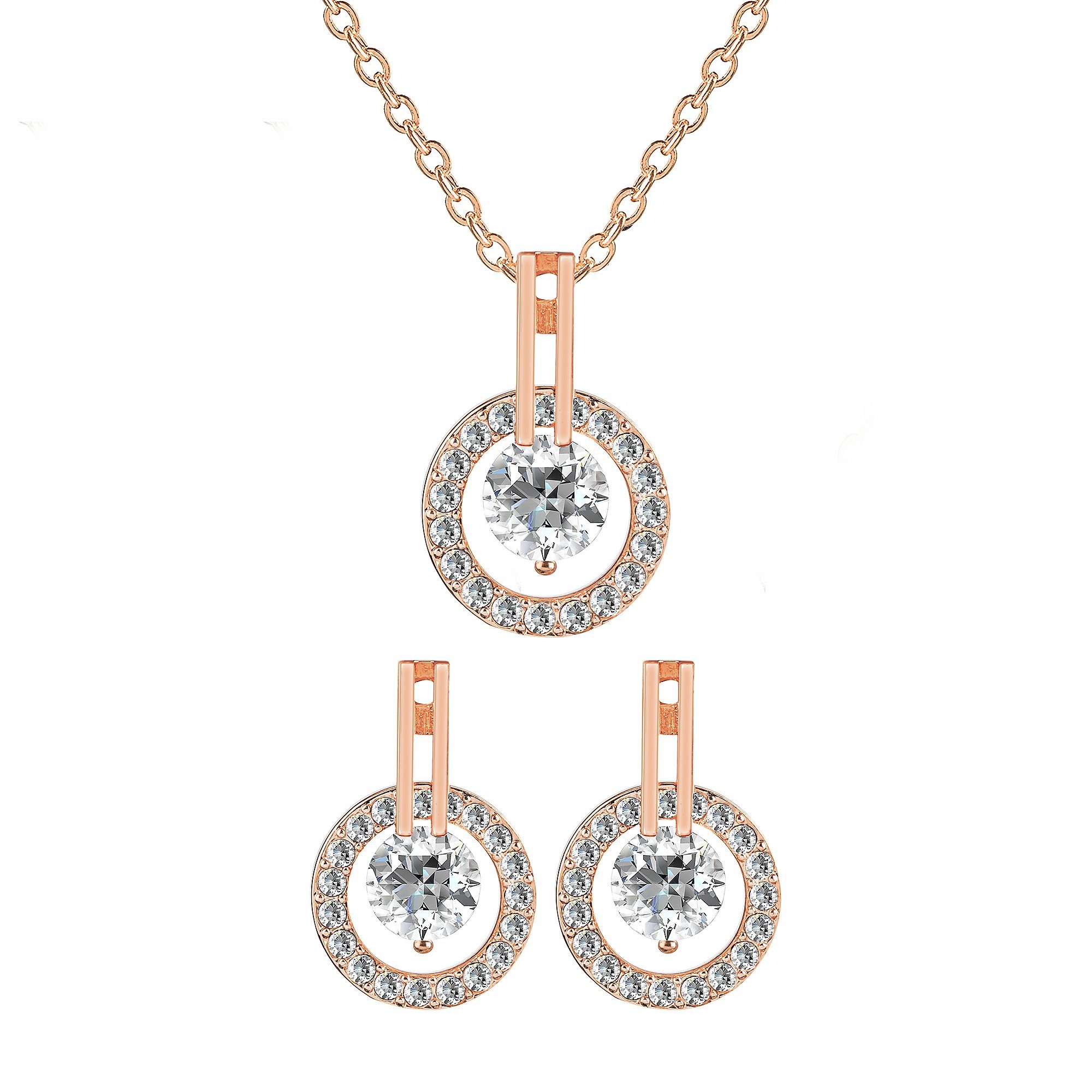 Ohrring und Ketten Set Damen Schmuckset Halskette Ohrringe Set Rosegold Zirkonia Stein Rund
