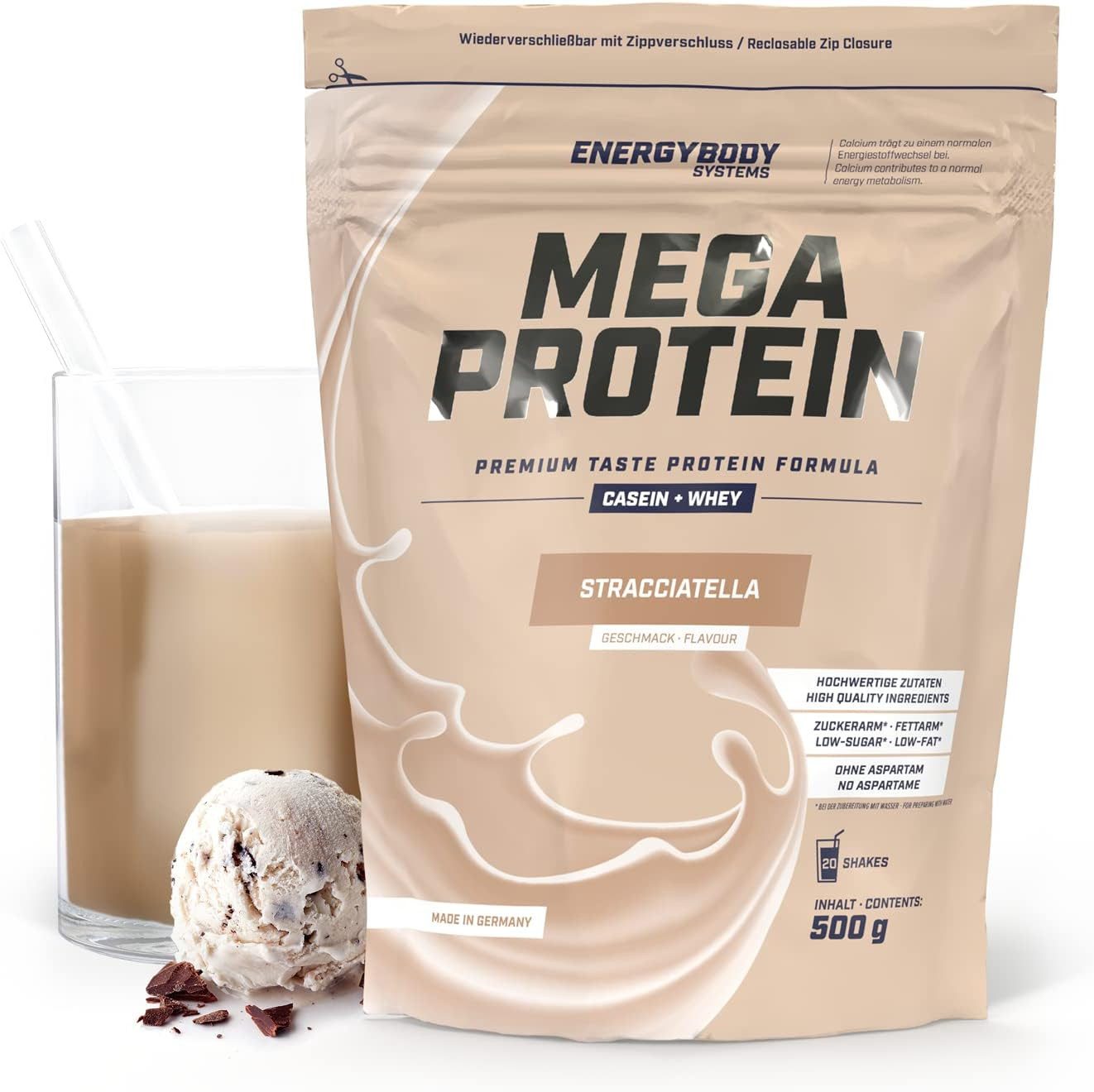 Energybody Systems Mega Protein Pulver, Whey und Casein Eiweißpulver, super cremig lecker, aspartamfrei