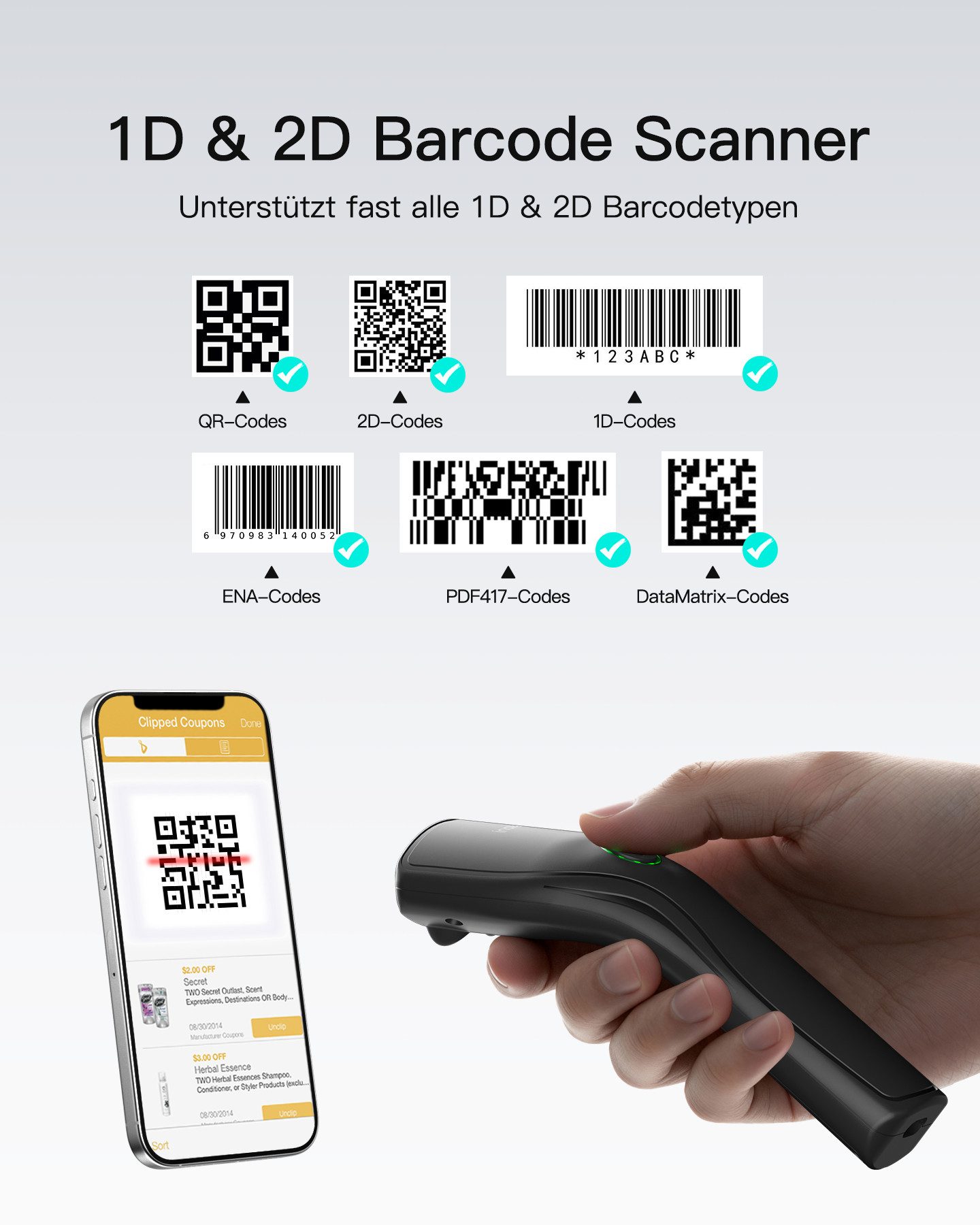 Inateck Barcode Scanner 1D 2D, mit USB und 2.4G, mit Abnehmbarem Akku Handscanner, (Leicht)