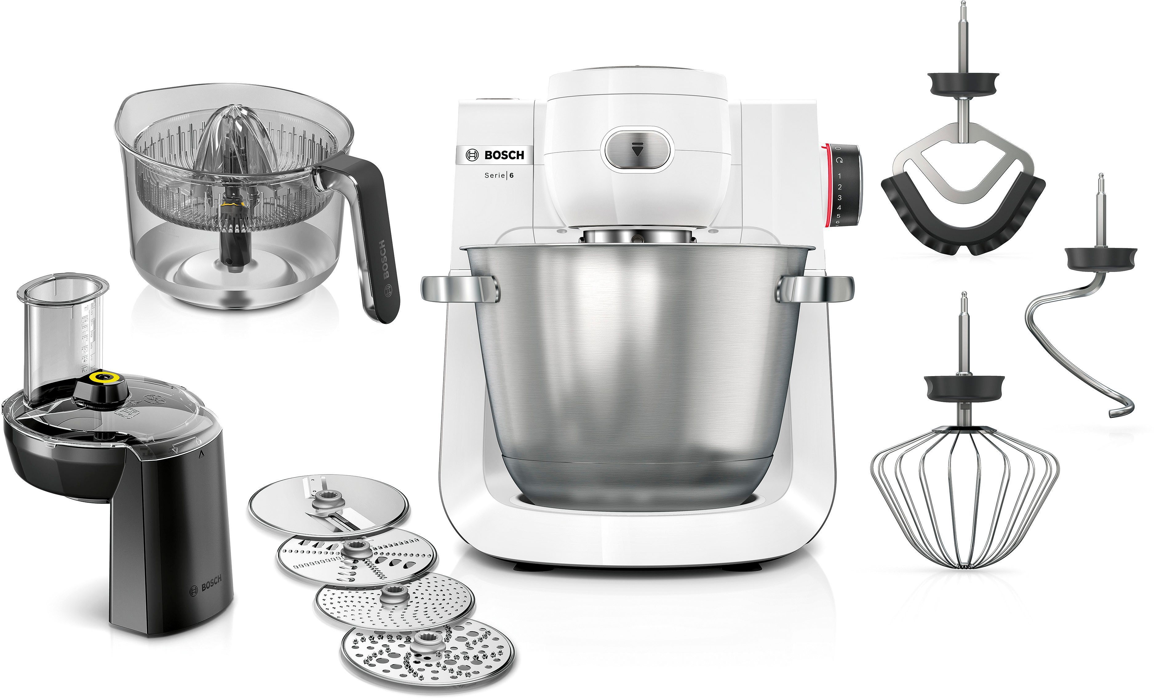 BOSCH Küchenmaschine Serie 6 MUMS6EW24D, Durchlaufschnitzler, Edelstahlschüssel, weiß, 1600 W, 5,5 l Schüssel, Durchlaufschnitzler, XL-Edelstahlschüssel, Patisserie-Set, made in EU