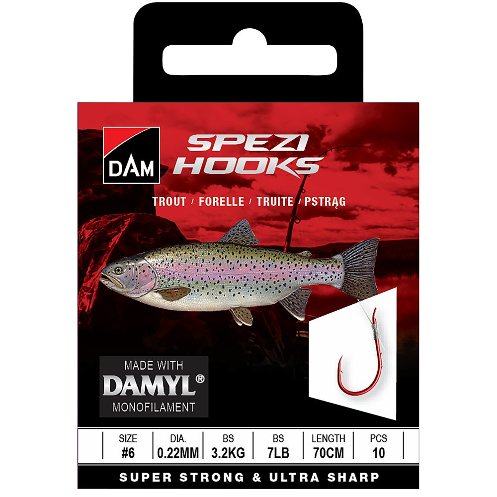 DAM Fishing Forellenhaken Vorfachhaken Spezi Trout Größen 6, 8, 10, 12, 14 Länge 70 cm Forelle