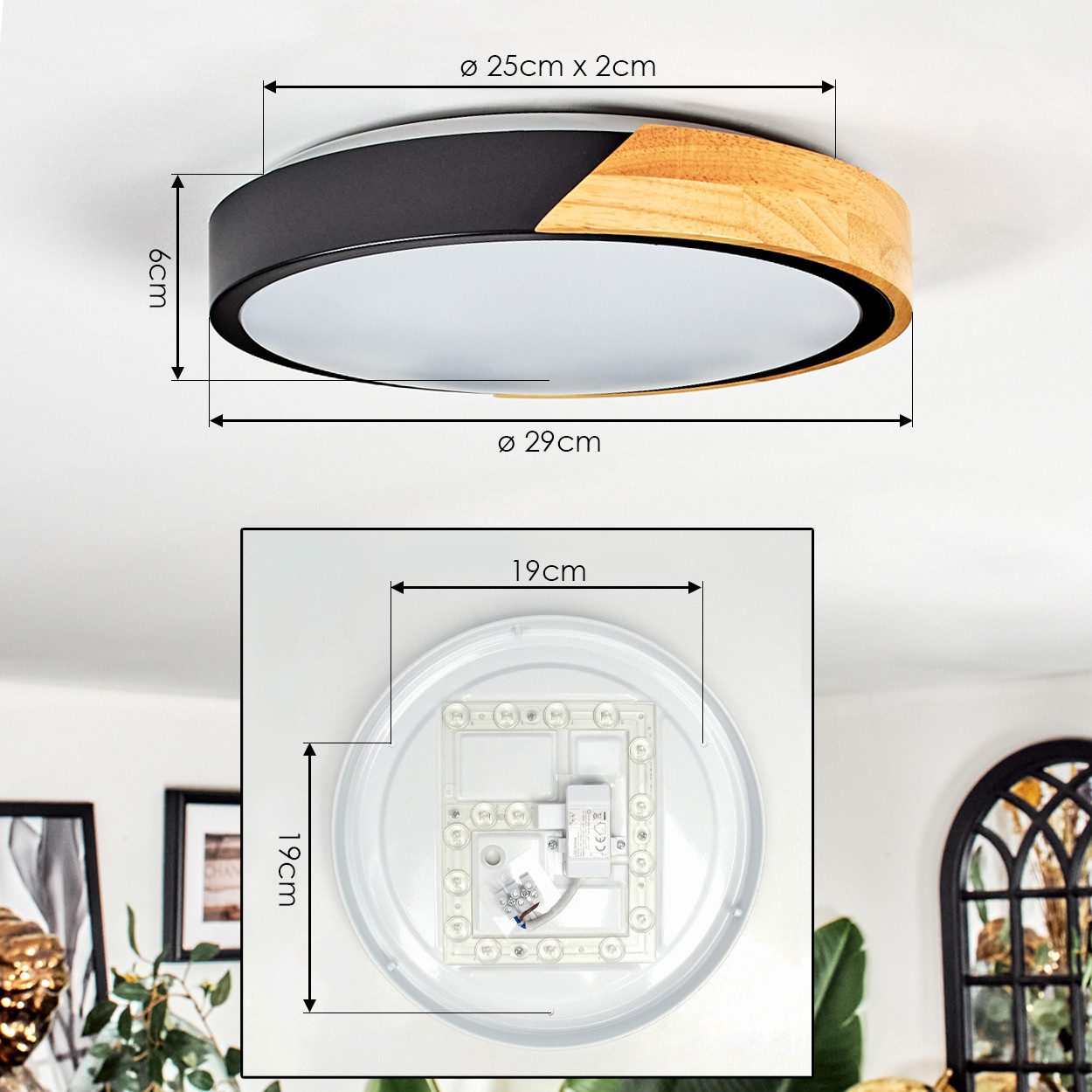 hofstein Deckenleuchte Deckenlampe aus Metall/Holz/Kunststoff in Schwarz/Natur/Weiß, ohne Leuchtmittel, 3000 Kelvin, Leuchte im modernen Design, (29,5cm), 16 W, – Bild 4 von 5