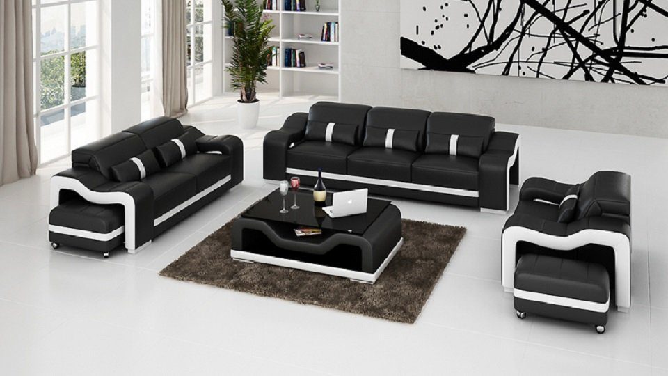 Sitzer Polster Schwarz/Weiß Couch JVmoebel Leder Designer Sofa 322 Set Modern Sofagarnitur Sofa