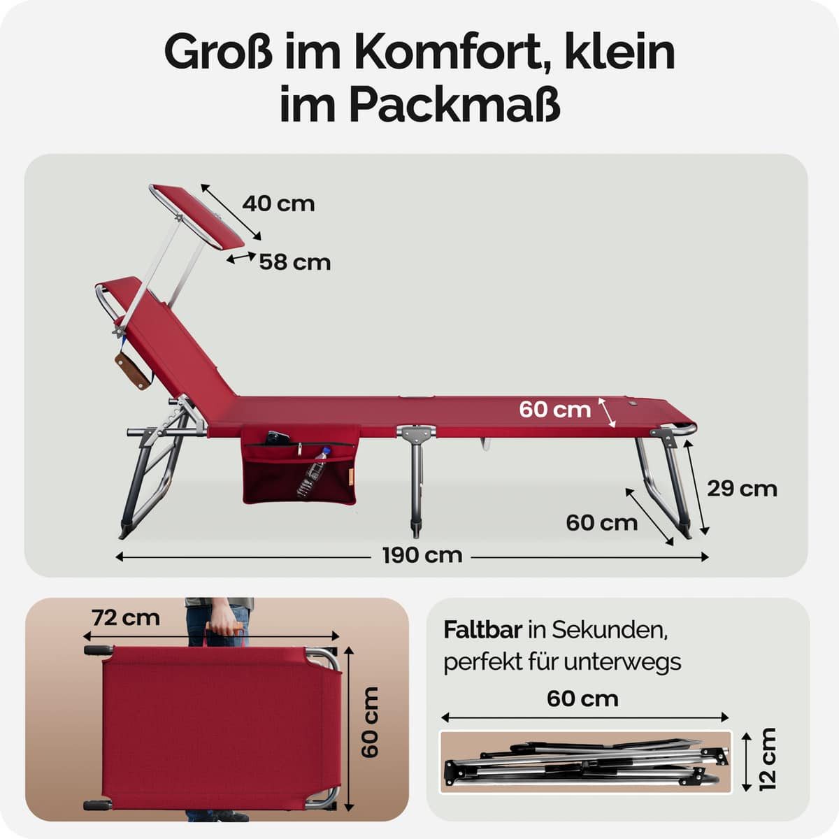 Casaria Gartenliege Ibiza, 1 St., Klappbar Sonnenliege mit Dach Liegestuhl Strand 190x60cm Leicht Rot