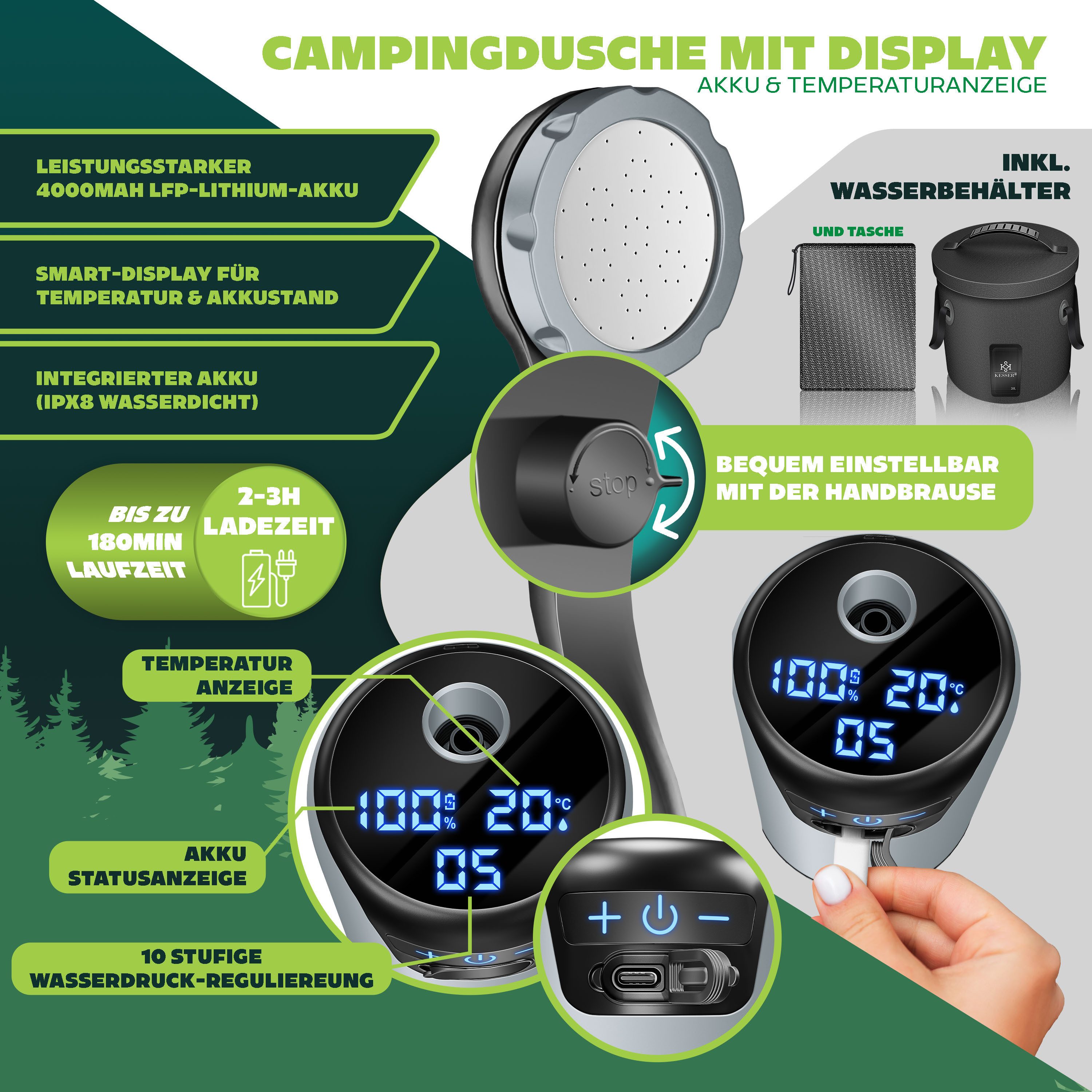 KESSER Gartendusche Campingdusche mit 20L Behälter, Pumpe & wiederaufladbarer Akku 4000mAh (Mobile Dusche inkl. Duschkopf, 2m Schlauch, Sprühpistole & Halterung), Outdoor Dusche