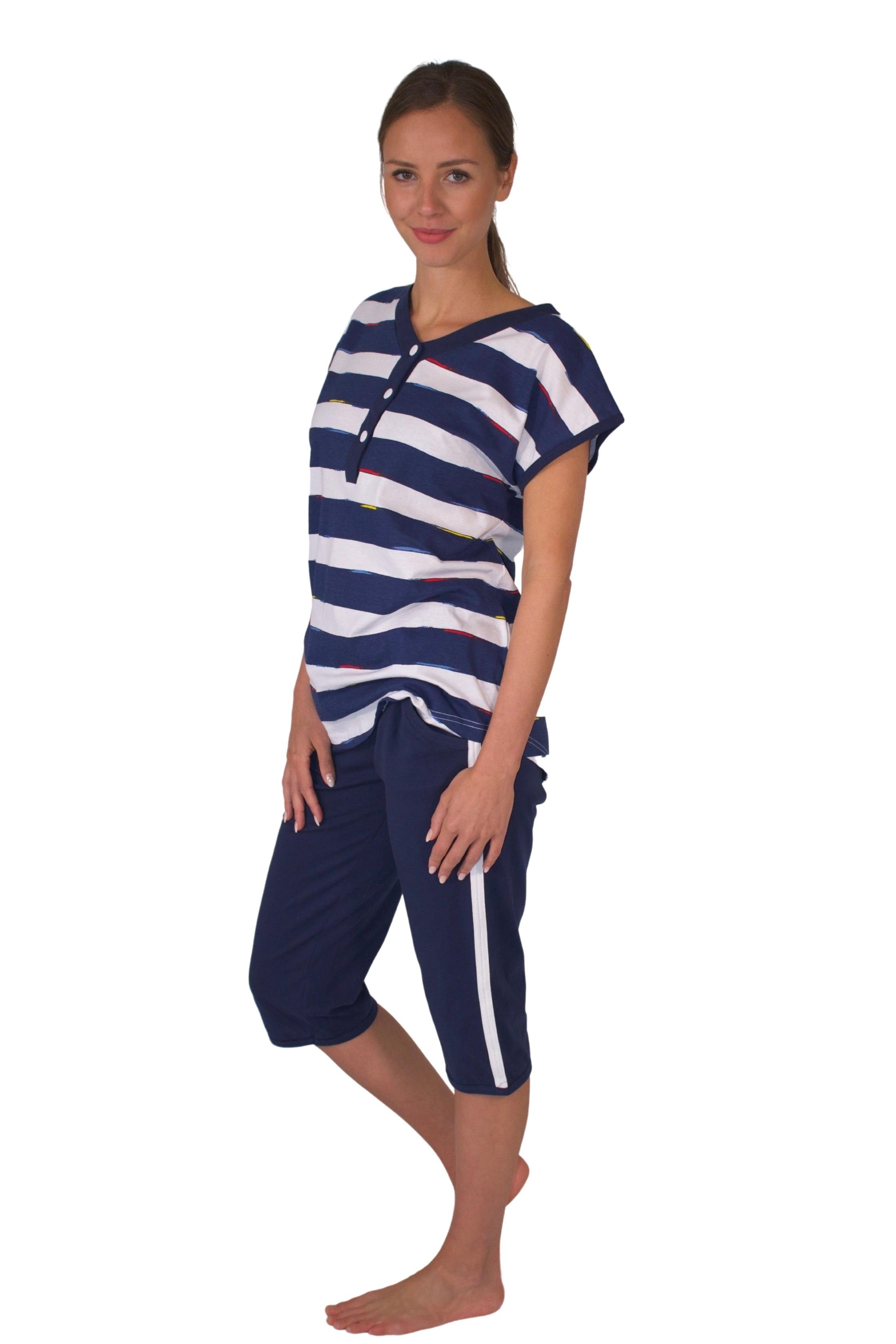 Wäsche/Bademode Pyjamas Consult-Tex Capri-Pyjama Damen Capri Pyjama Schlafanzug (Spar-Set, 1 Set) Oberteil mit Streifendruck