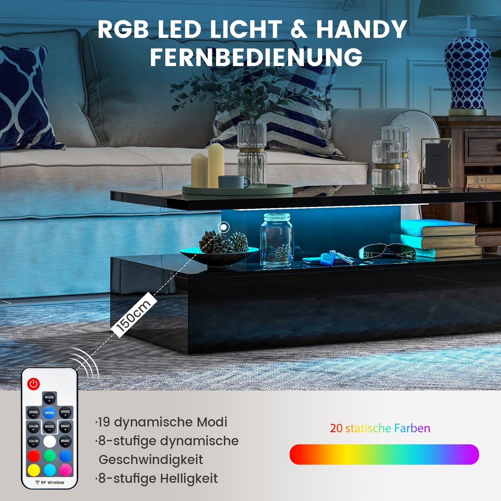 COSTWAY Couchtisch, mit 20 Farben LED-Beleuchtung, günstig online kaufen