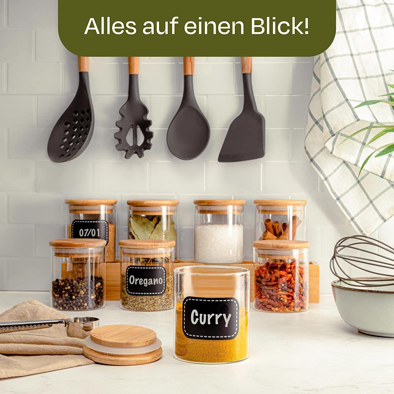 Praknu Vorratsglas Gewürzbehälter 8er Set 250ml mit Etiketten und Stift zum Beschriften, Glas, (Set, 8-tlg), mit 8 Etiketten - 250ml Groß - Luftdicht - Spülmaschinenfest