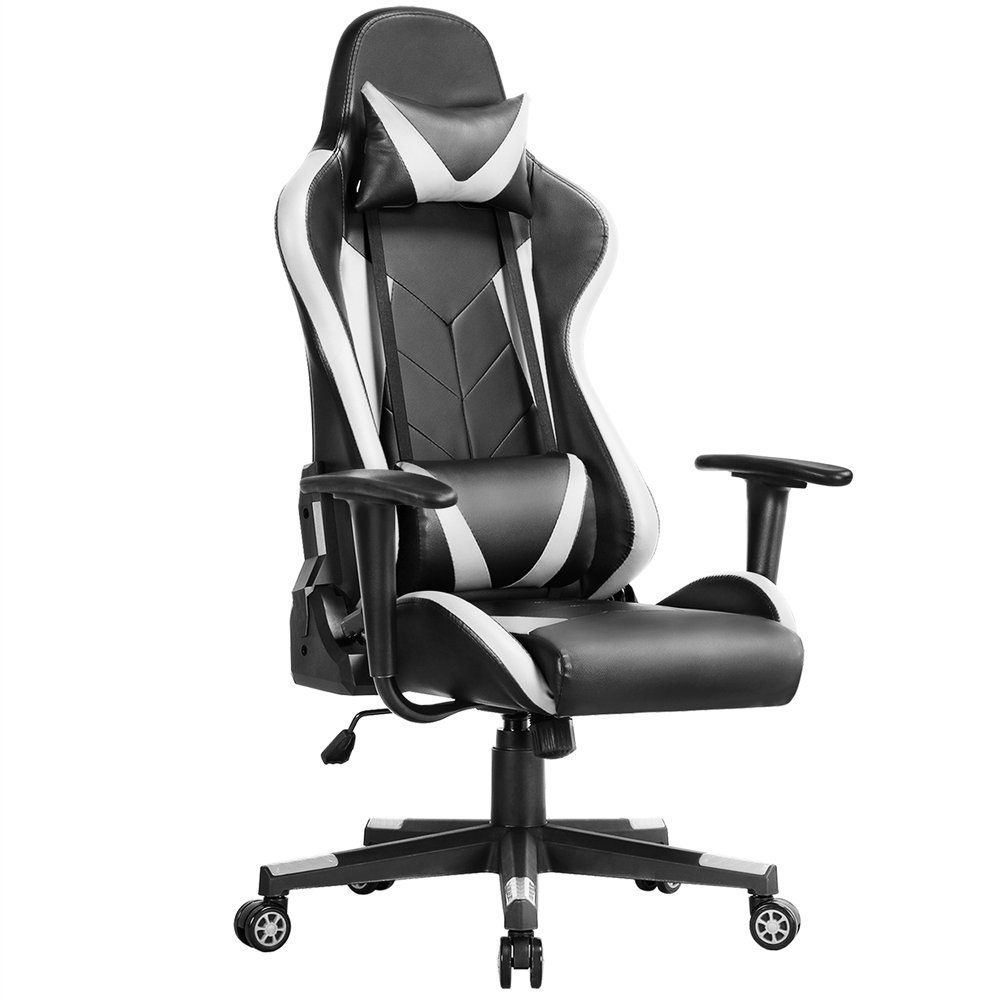 Yaheetech Gaming-Stuhl, Ergonomisches Design mit Kopfstütze und Lendenkissen Schwarz / Weiß