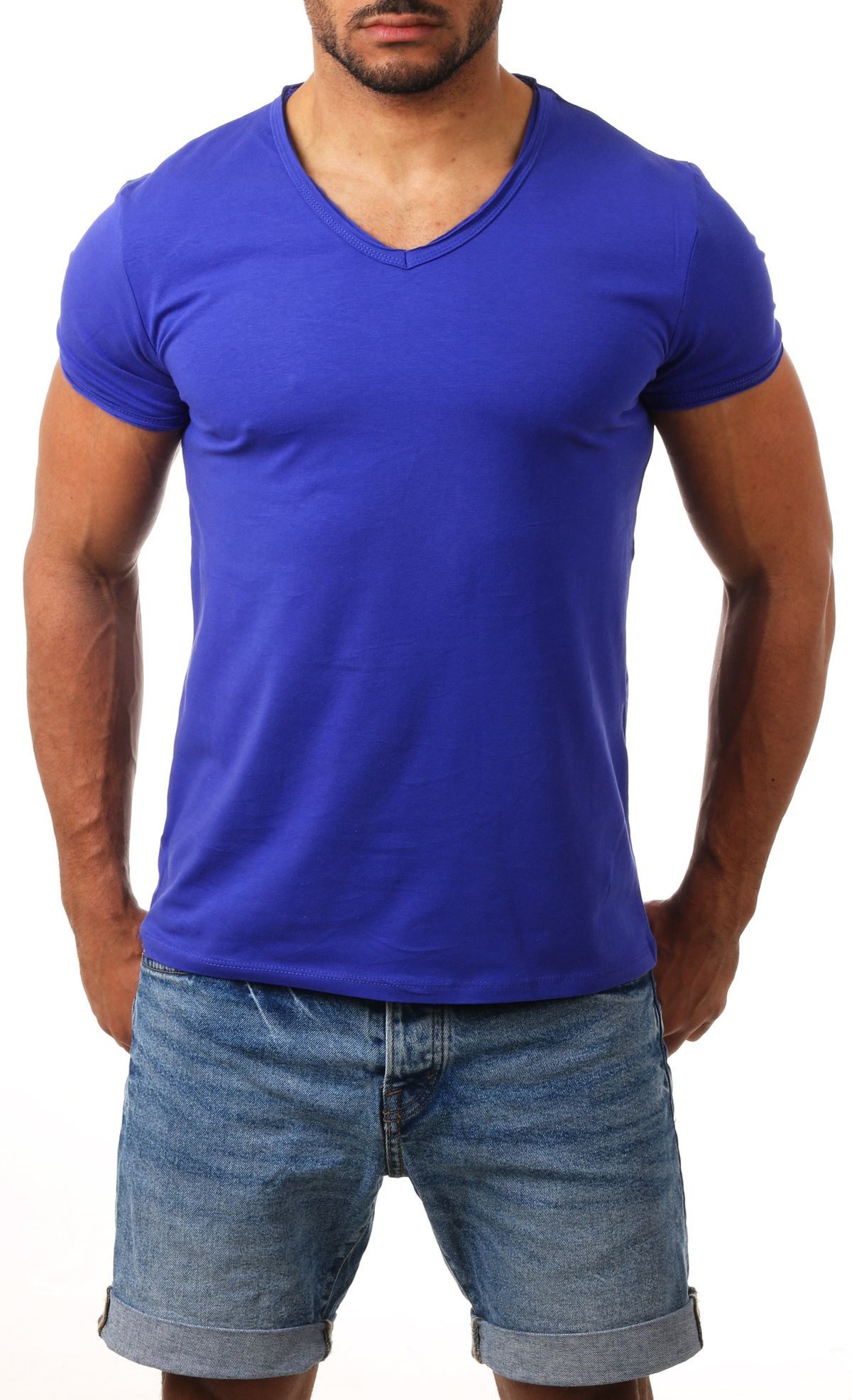 CARISMA T-Shirt Herren Uni Basic 4066 tief-breit geschnittener Ausschnitt vintage Look V-Ausschnitt unifarben kurzarm slim fit