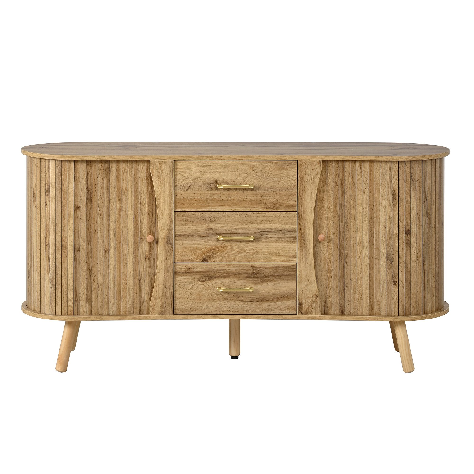 KLAM HOME Sideboard Sideboard mit Rillenoptik, 2 Schiebetüren & 3 Schubladen (Modernes Sideboard skandinavischer Stil mit Massivholzbeinen), Wohnzimmer Sideboard 150cm MDF mit höhenverstellbaren Fächern
