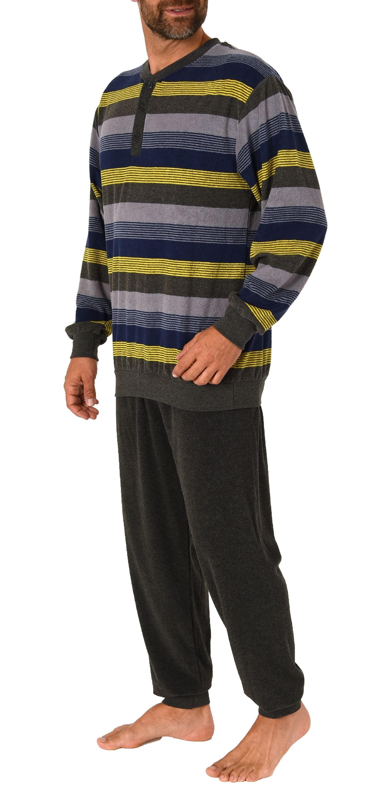 Normann Pyjama Herren Frottee Pyjama mit Knopfleiste, Schlafanzug in Streifen-Optik – Bild 3 von 4