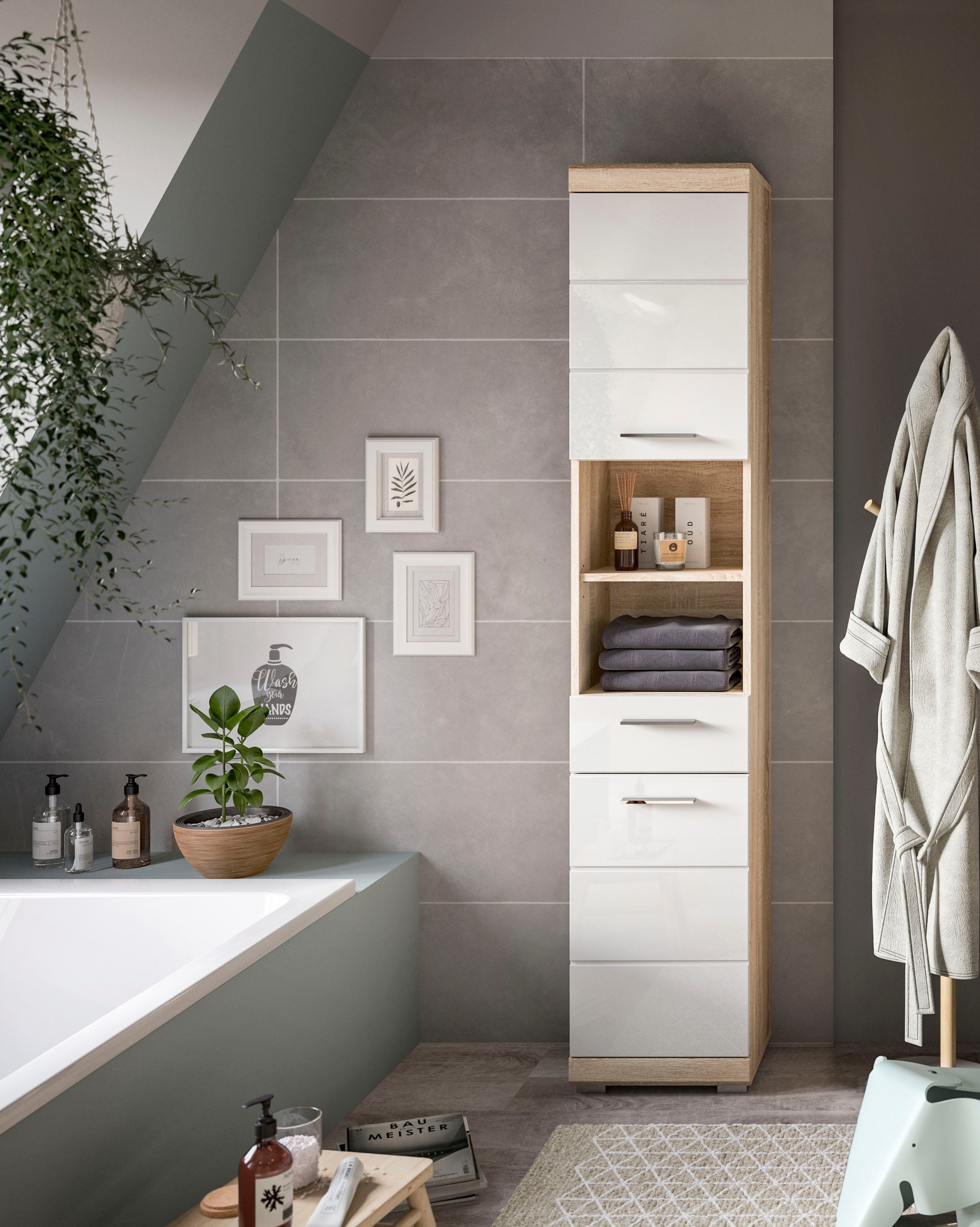 welltime Hochschrank SIENA, Breite 37cm, 2 Tür, 1 Schubkasten, 2 offene Fächer, MDF-Front (1-St., TOPSELLER) in verschiedenen Farben erhältlich, Badmöbel, Badschrank, Schrank, Bad
