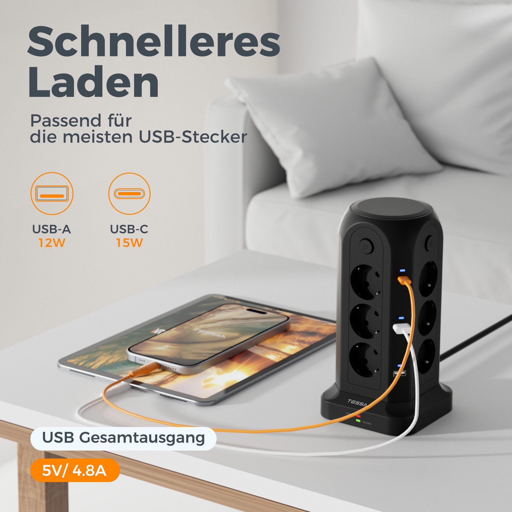 TESSAN 12 Fach Mehrfachsteckdose mit 3 USB(2 USB-A/1 USB-C) Kabel 2/5m Mehrfachsteckdose (USB-Anschlusse, Ein-/Ausschalter, Kabellänge 2 m)