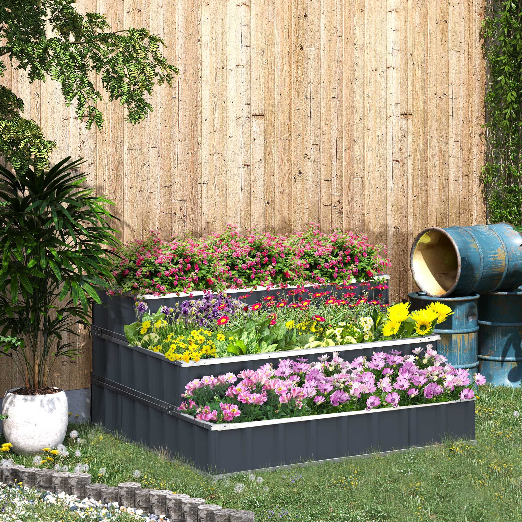 Hochbeet 3-stufiges Metall-Gartenbeet 118x118x62 cm Dunkelgrau