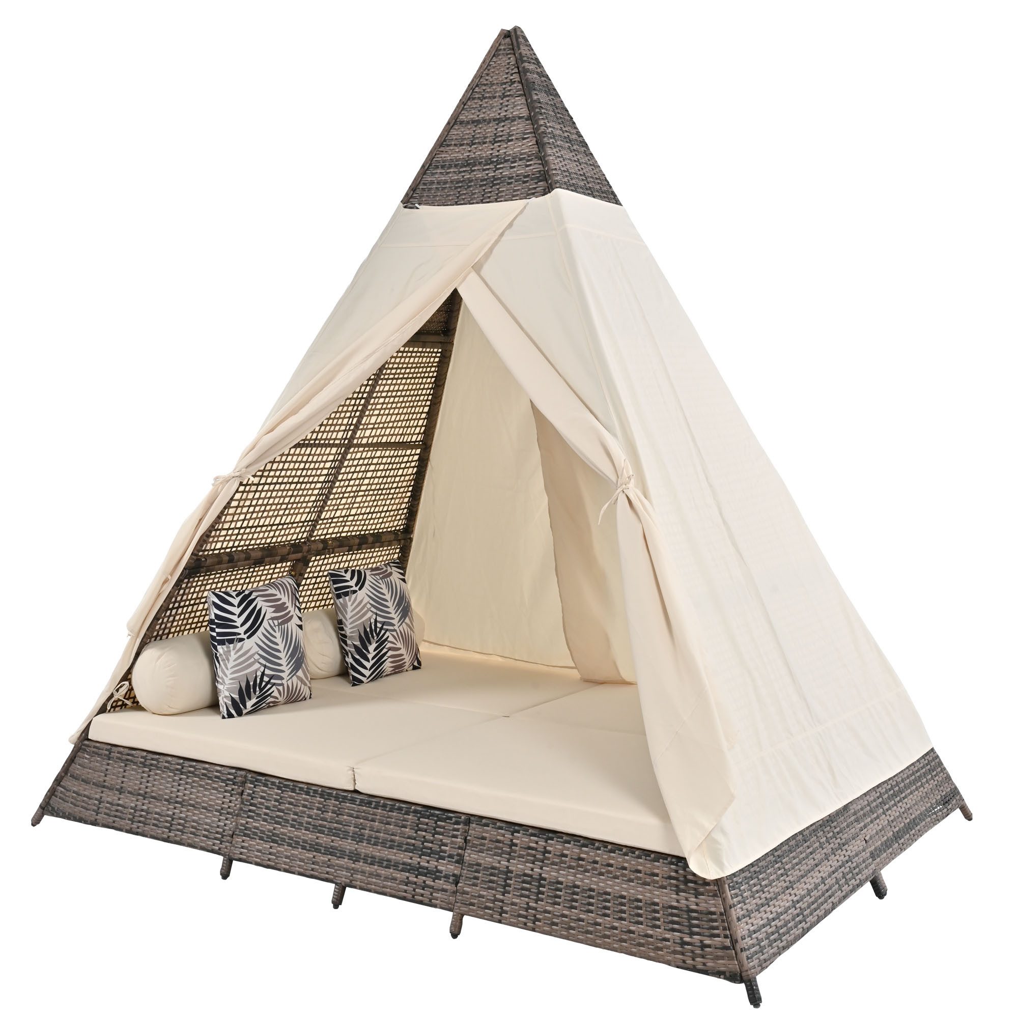 Tongtong Pyramidenzelt Gartenlounge-Set, Rattanzelt, geeignet für 2–4 Personen, grau/Beige, Personen: 4 (inklusive aller Sitzkissen und Kissen), Sitzkissen mit Reißverschluss, abnehmbar und waschbar