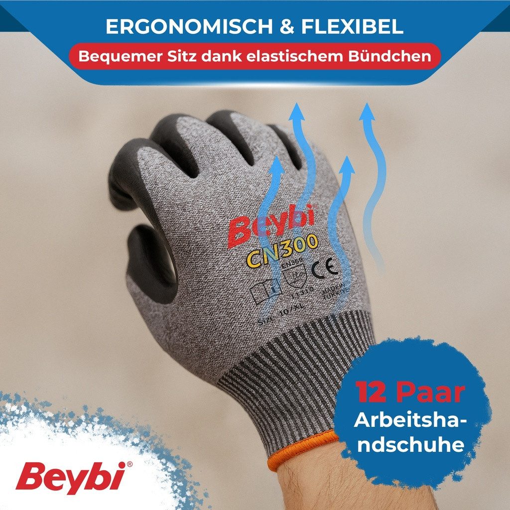 Beybi Arbeitshandschuhe Beybi, 12 Paar Arbeitshandschuhe, Nitrile 1/2 Coated, robust