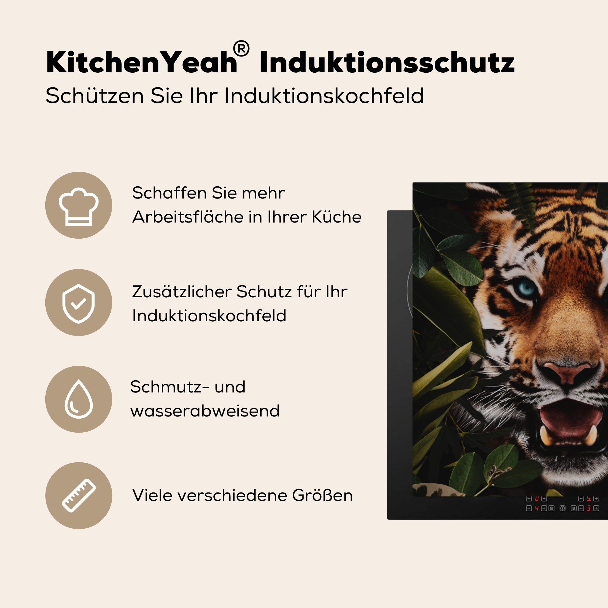 Vinyl, Arbeitsplatte Ceranfeldabdeckung, Dschungel cm, für küche (1 Blätter, tlg), Herdblende-/Abdeckplatte - Tiger MuchoWow 78x78 -