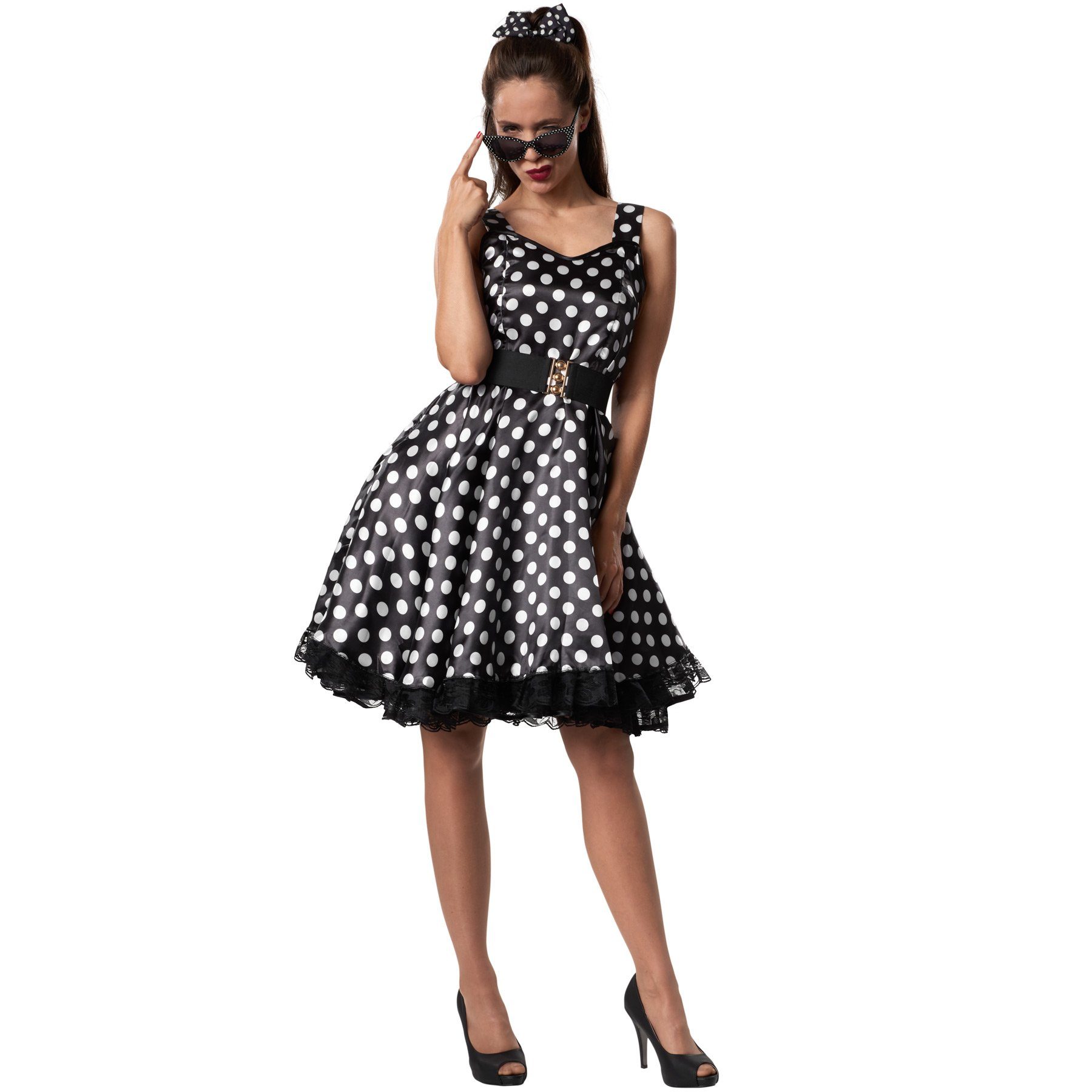 dressforfun Hippie-Kostüm Edeldame/Vornehme Frau, in braun/weiß, Kurzer Rock mit Spitzensaum, Konfektionsgröße XXL, Attraktives Trägerkleid im Stil der 50er Jahre