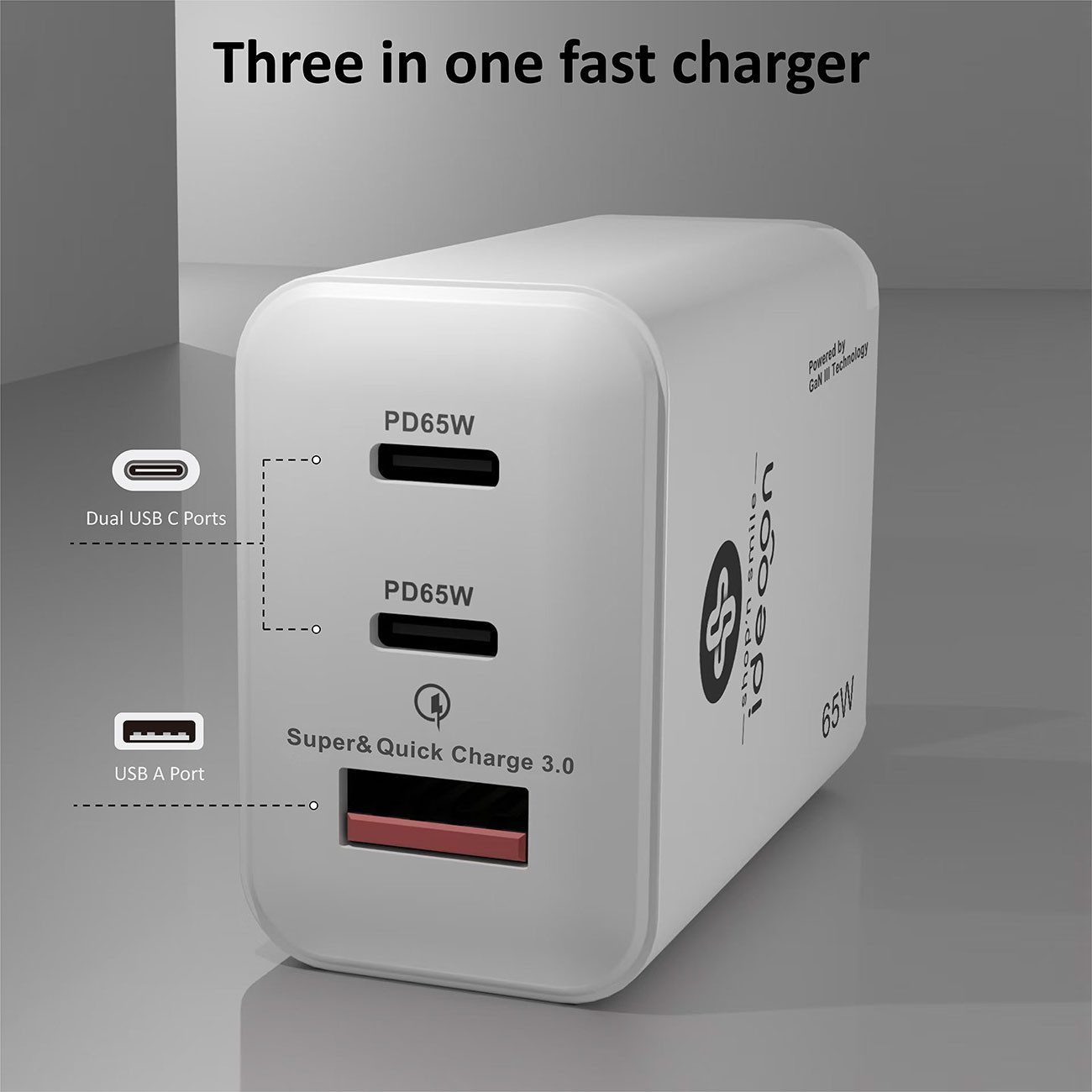shop'n smile ideoon Leistungsstarkes, 3 Ports, 65Watt, 2x USB-C und 1x USB-A USB-Ladegerät (2-tlg., PD- & QC-Netzteil, für Smartphones, Notebooks, MacBook & Tablets)