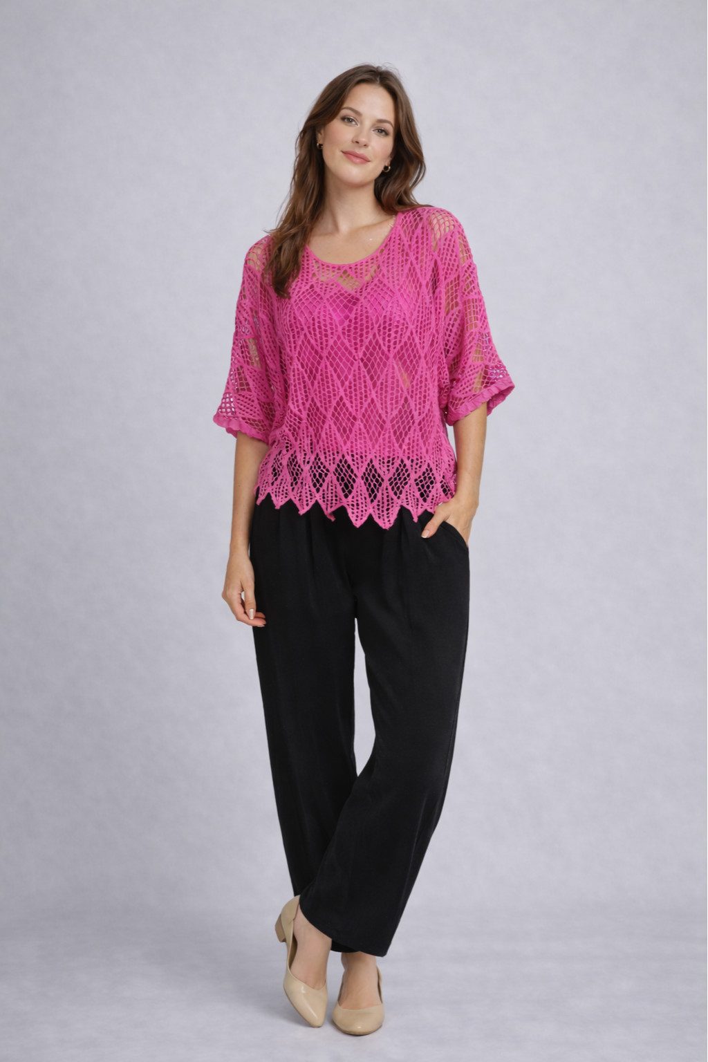 ITALY VIBES Blusenponcho - Poncho - Häkelshirt Damen - Häkelbluse - gratis Untershirt - Top ONE SIZE / passend für Größe XS - L - gratis Top