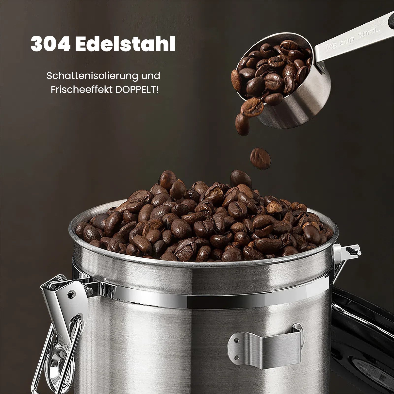 BlingBin Kaffeedose 1,8/2,8L Edelstahl Kaffeebohnen Vorratsdose,Luftdichte Kaffeebehälter, Edelstahl, (1er Set, 1-tlg., 14.8*20.8 cm), Kaffeedose mit CO2-Ventil, Messlöffel & Datumsanzeige für Nüsse Kakao