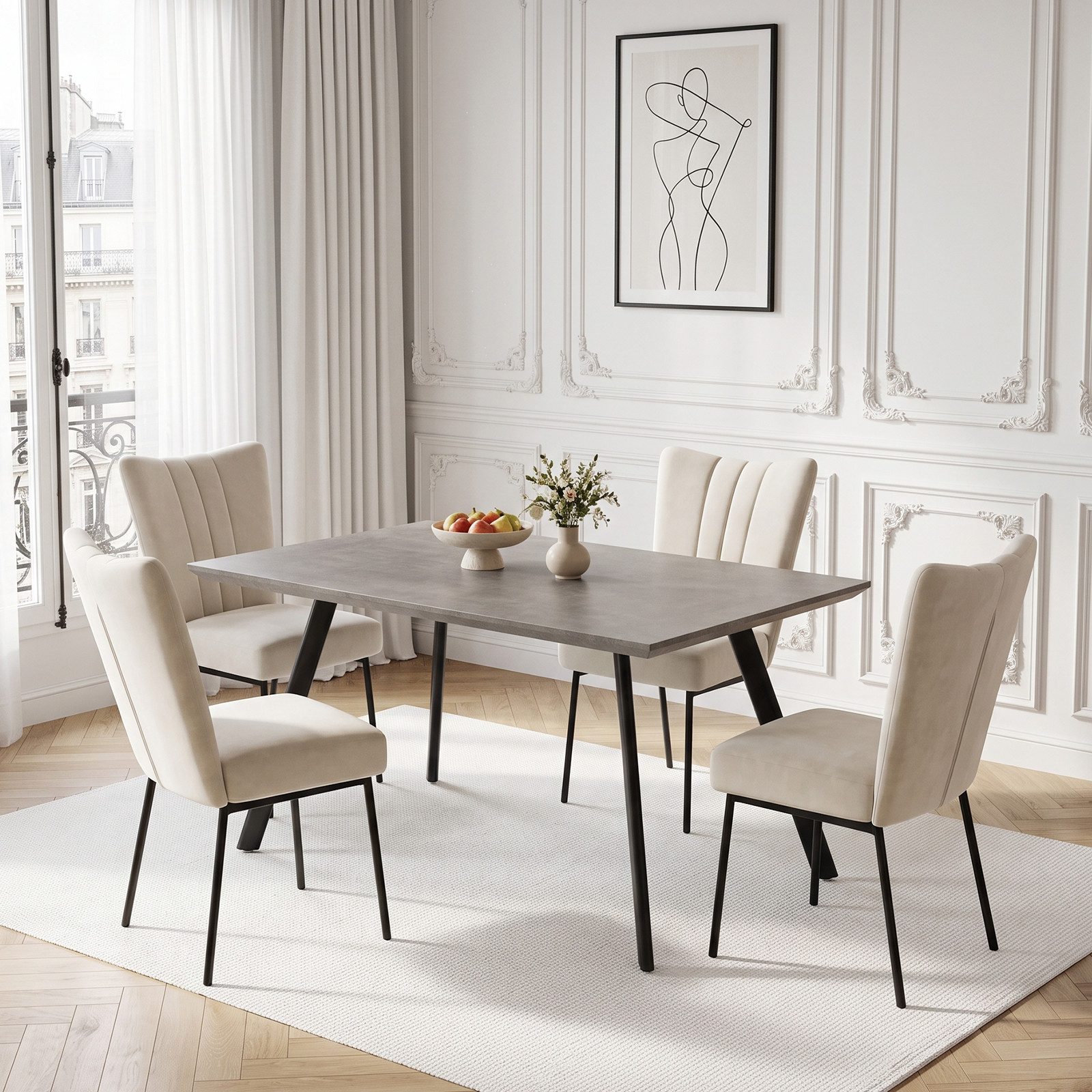 Jiexi Essgruppe Esstisch Set 120x73 MDF Grau Feste Essgruppe mit Samtstoff Stühlen
