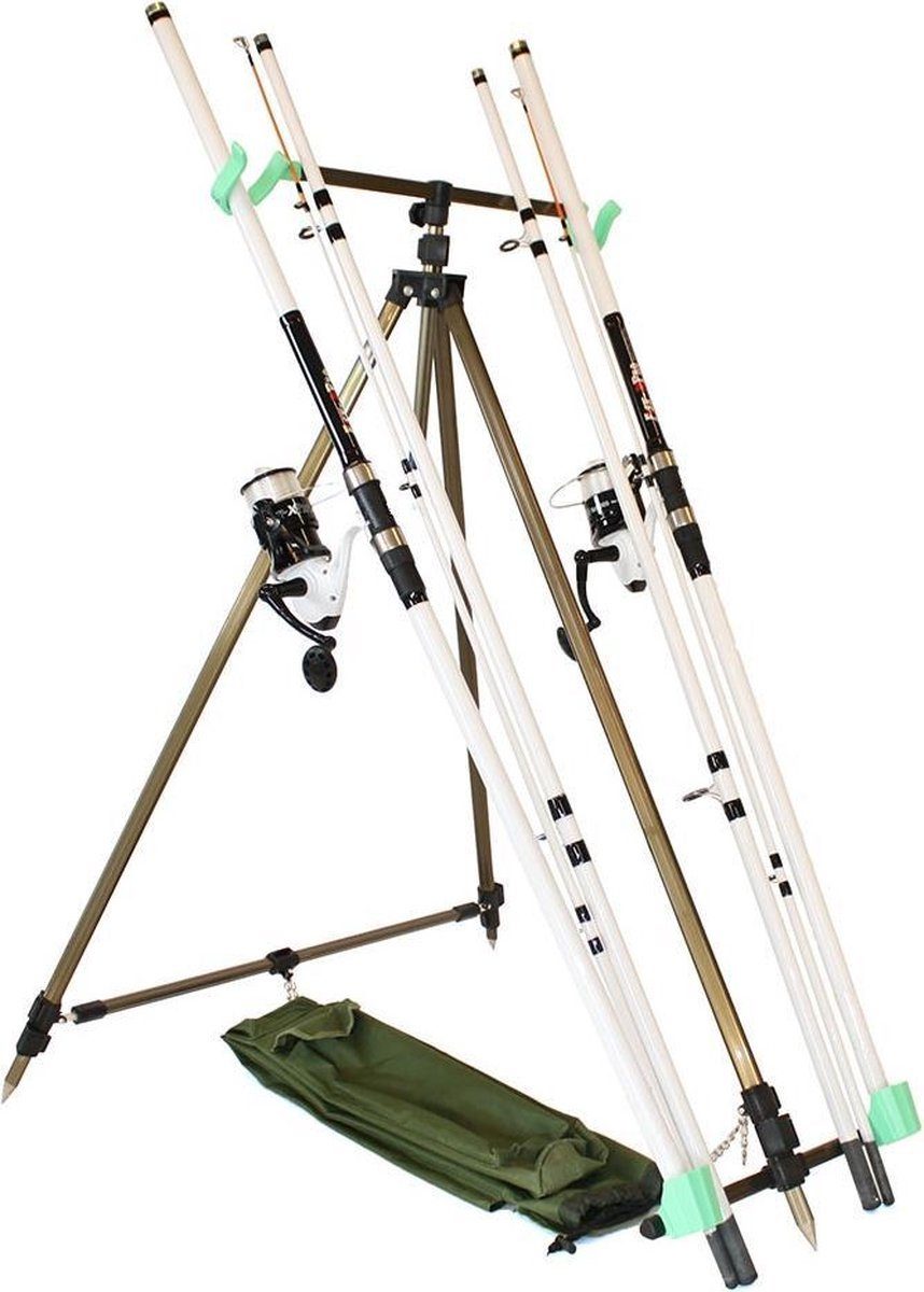 Fish-XPro Brandungsrute Brandungsset Deluxe mit 2 Angeln, (2 Angelruten, 2 Rollen, 2x Schnur, Rutenhalter und Tasche, 7-tlg., Premium Set), Brandungsangeln mit Brandungsrutenhalter (Dreibein)