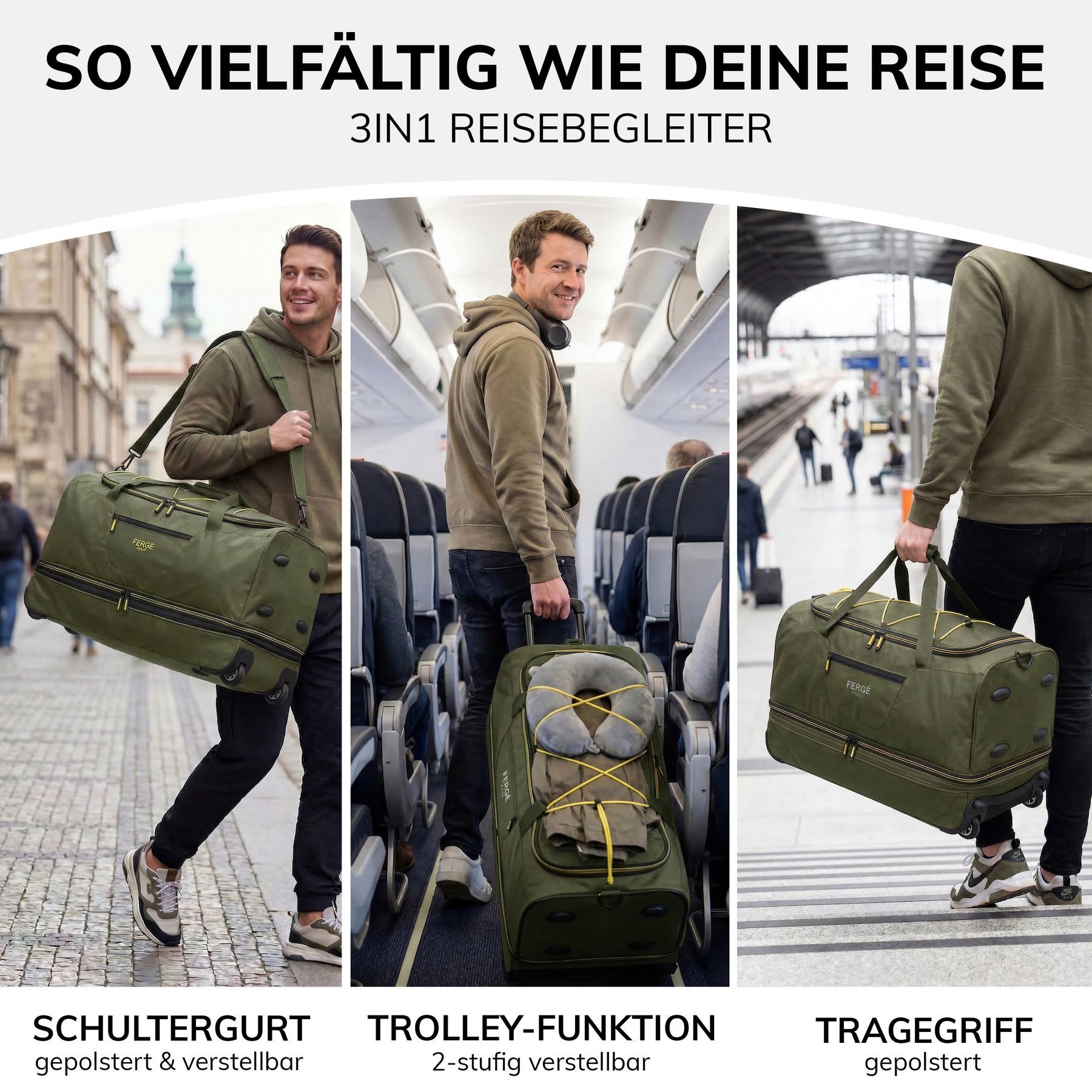 FERGÉ Reisetasche mit Rollen & extra Schuhfach, groß, Handgepäck, Tragetasche aus Nylon, Erweiterbare Reisetasche, Handgepäck / XL, Schuhfach & Außenfächer