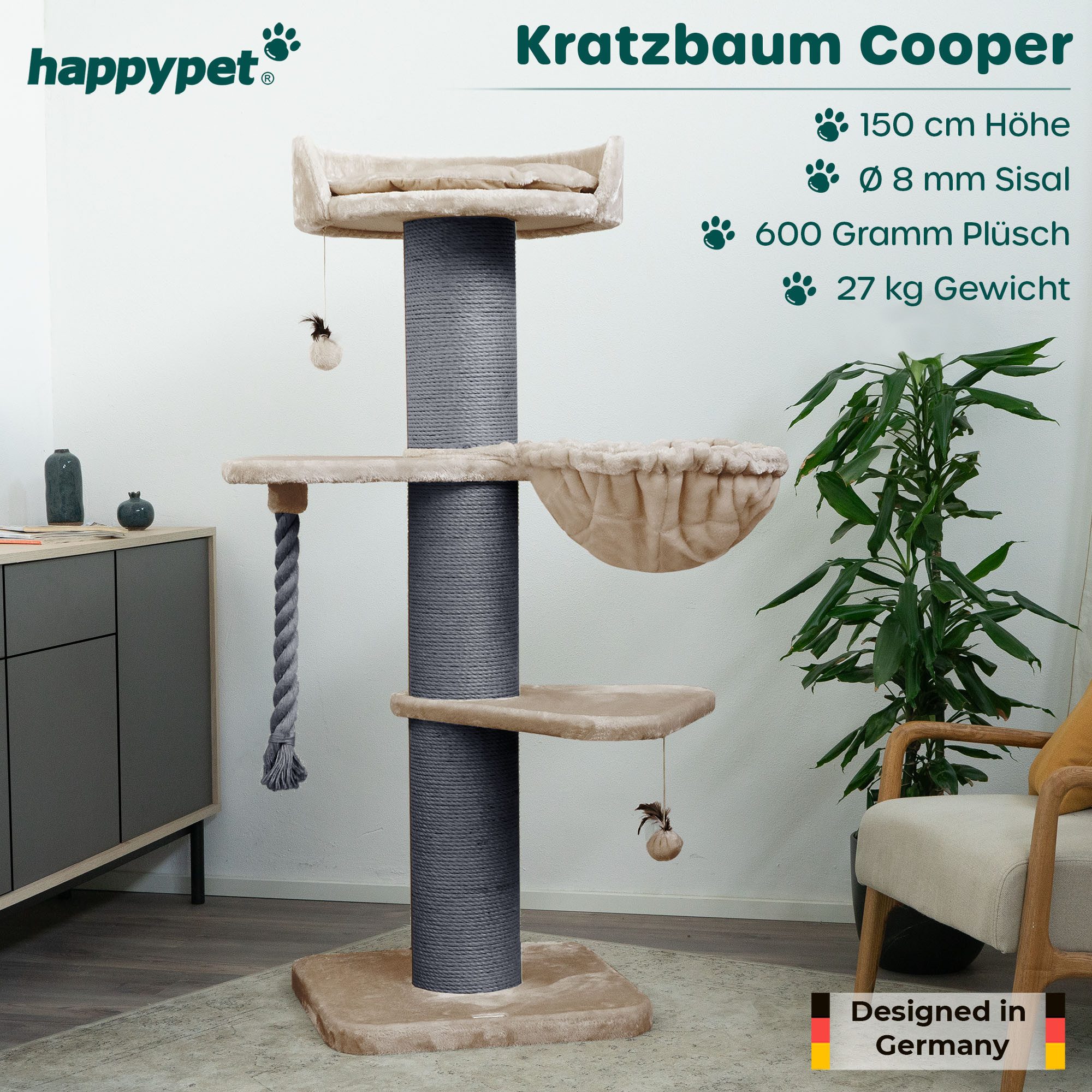 Happypet Kratzbaum COOPER, Katzenbaum 'Cooper', Gesamthöhe 150 cm, mit Spielseil und Spielball