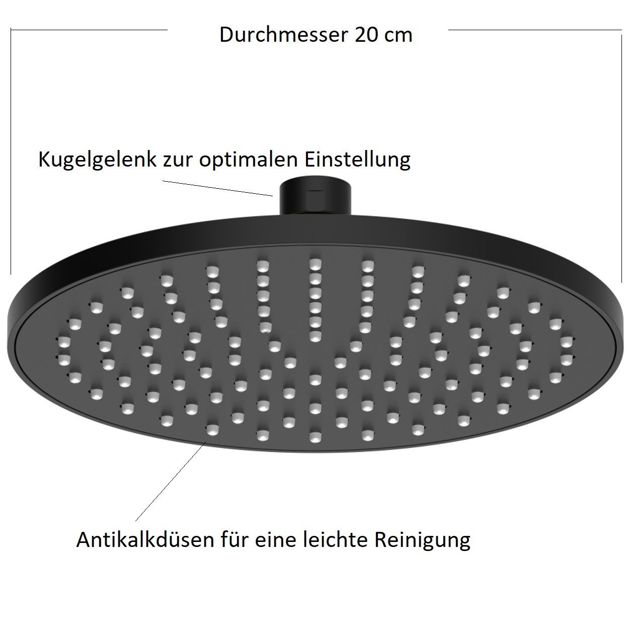 Brausekopf Duschbrause Duschkopf Regen 20 Austattung rund Bad Wellness-Dusche Sanixa cm schwarz Regenduschkopf, Regenbrause Kopfbrause Zubehör Regendusche