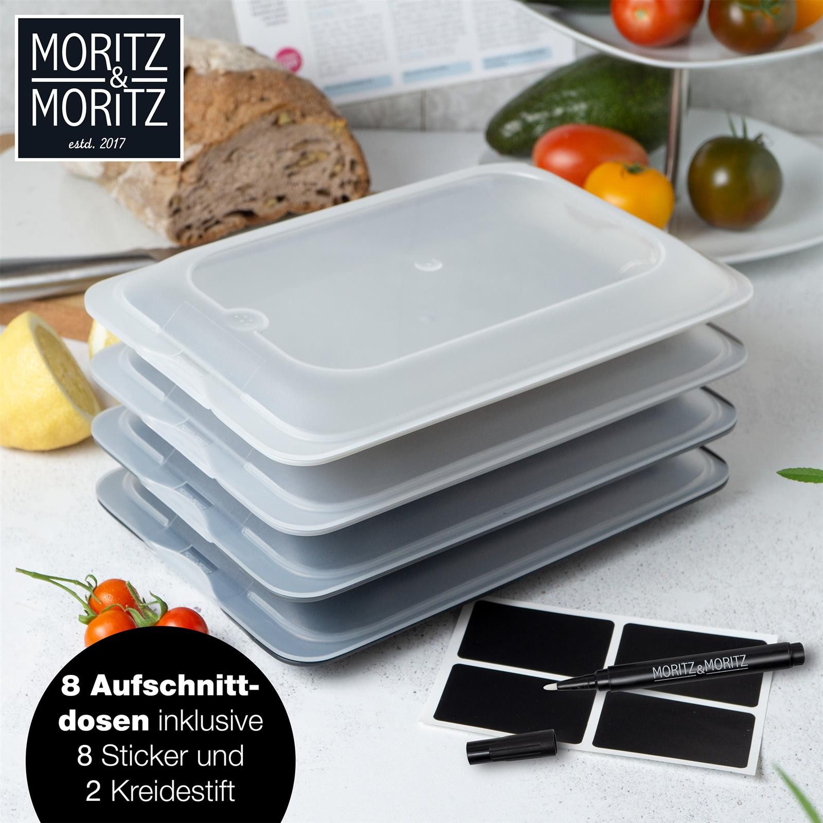 Moritz & Moritz Frischhaltedose 8er Set Aufschnittdosen stapelbar - Frischhaltedosen dunkel, Kunststoff, (Set, 8-tlg., Set), Inkl. 8 Sticker, mit Deckel für Opt – Bild 2 von 5