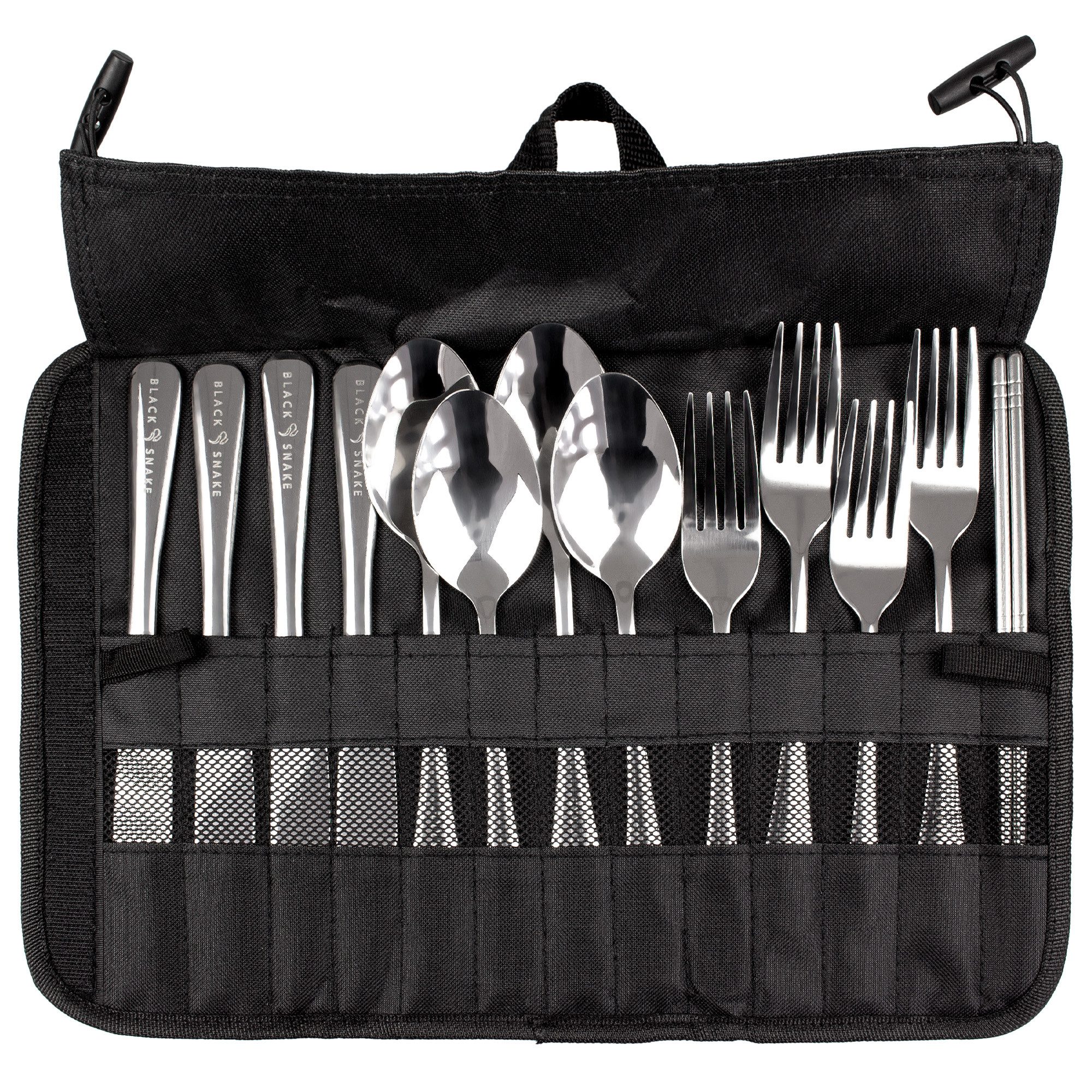 Black Snake Besteck-Set Camping Besteck Set Edelstahl 4 Personen mit Tasche (13-tlg), 4 Personen, Edelstahl, Praktisches Camping Besteck Set für 4 Personen