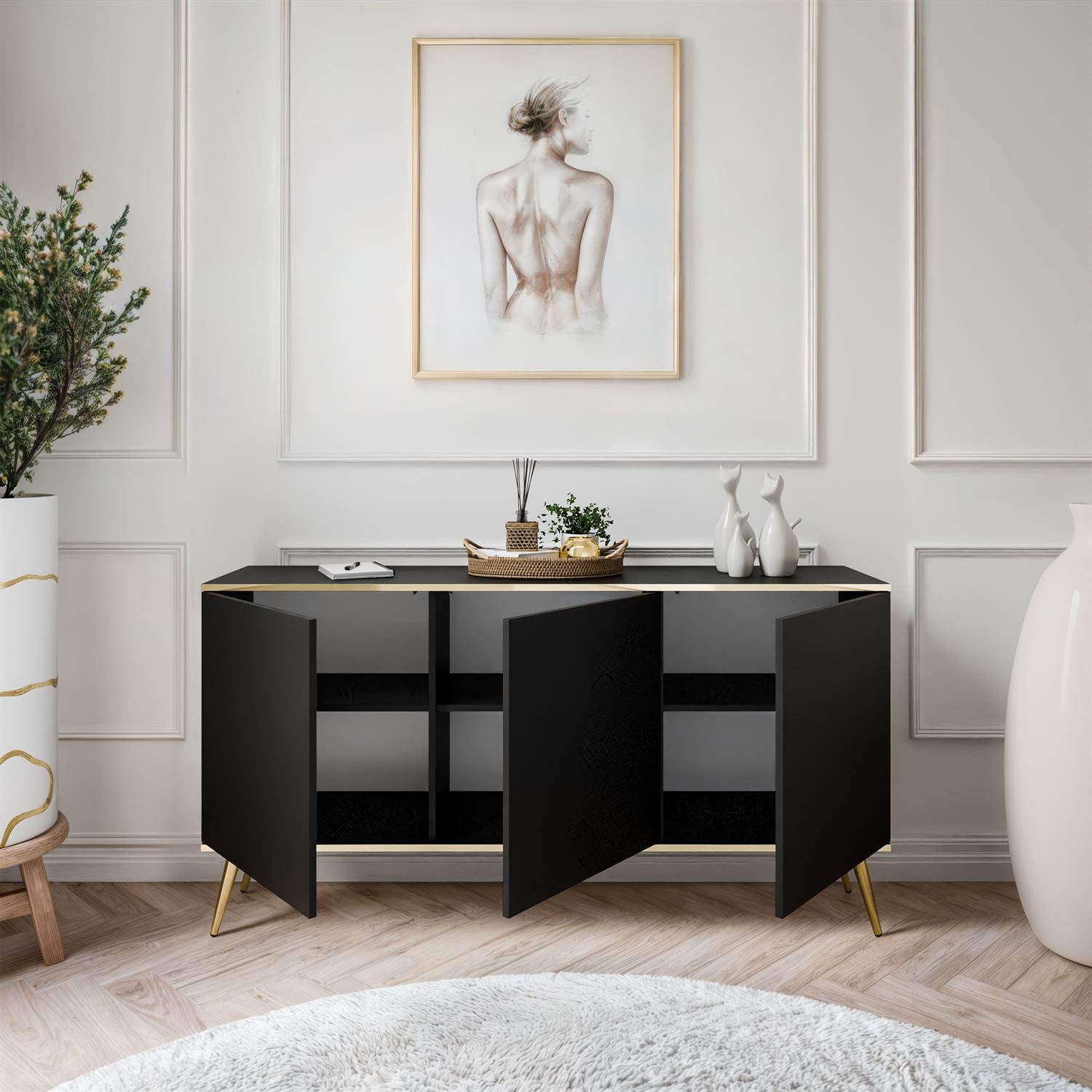 Lookway Kommode OXFORD K160 Die dreitürige Sideboards auf goldenen Füßen, 160x85x39 cm – Bild 4 von 5